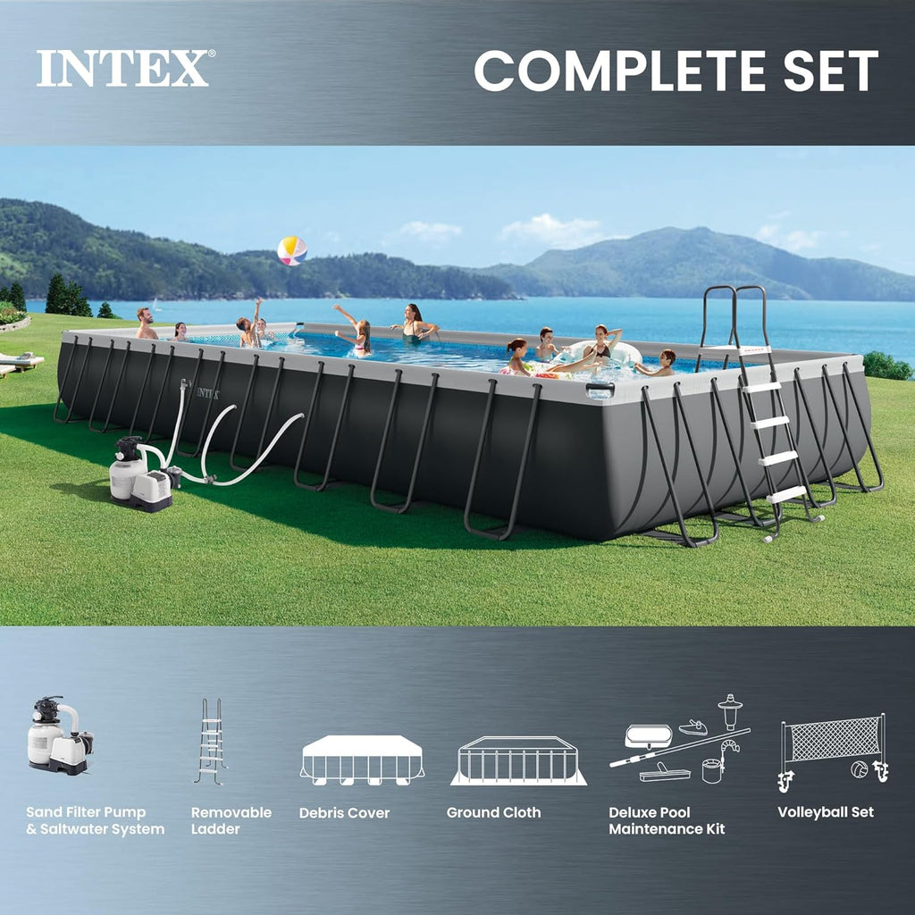 Intex Ultra XTR Heavy Duty Rectangular Above Ground Swimming Pool with Complete Set of Maintenance Kit, Ladder, and Sand Filter Pump, Gray
