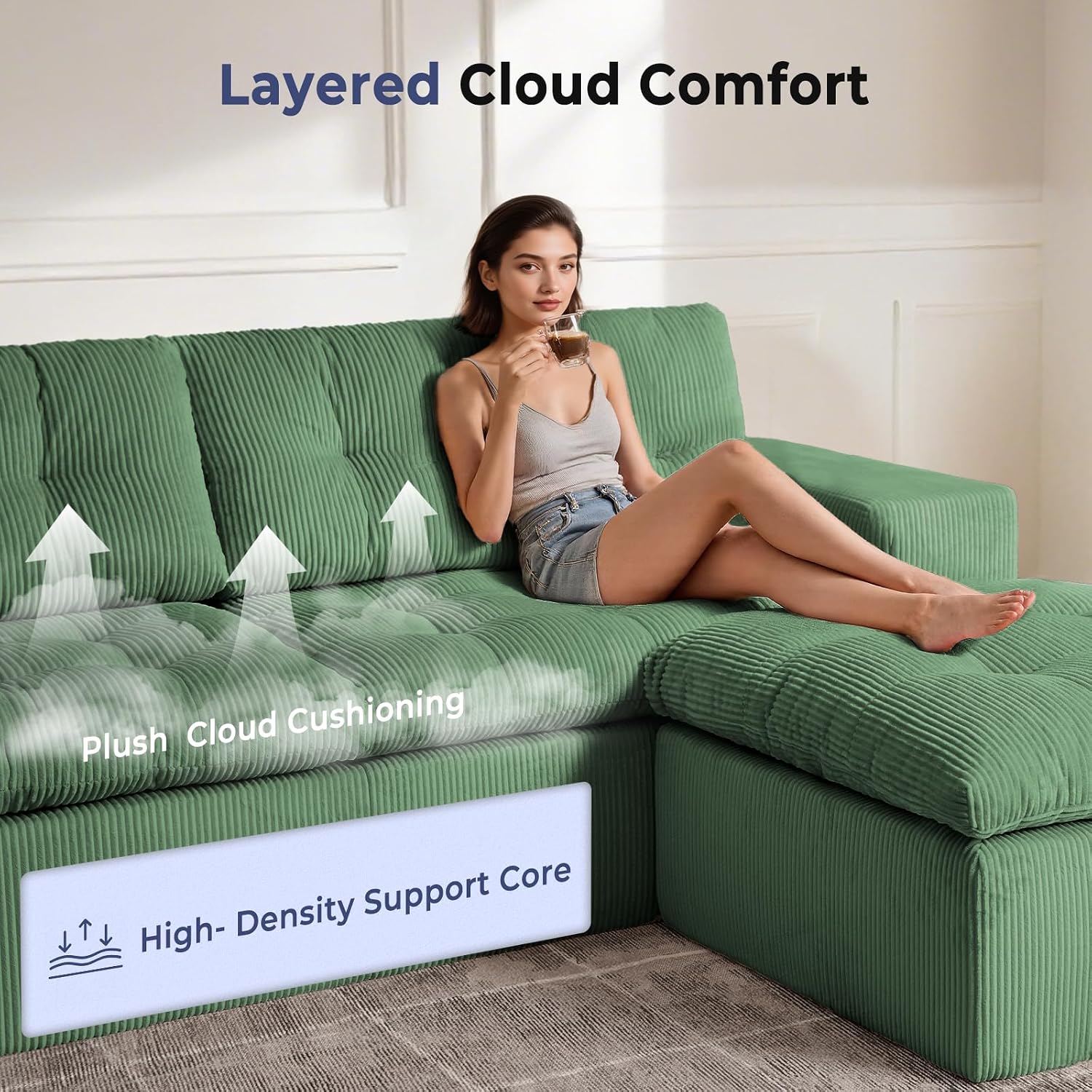 Cloud Sectional Boneless Sofa with Ottoman, Modular L Shaped Couch with Layered Cushion, Fluffy Comfy Couches for Living Room, No Assembly, Green