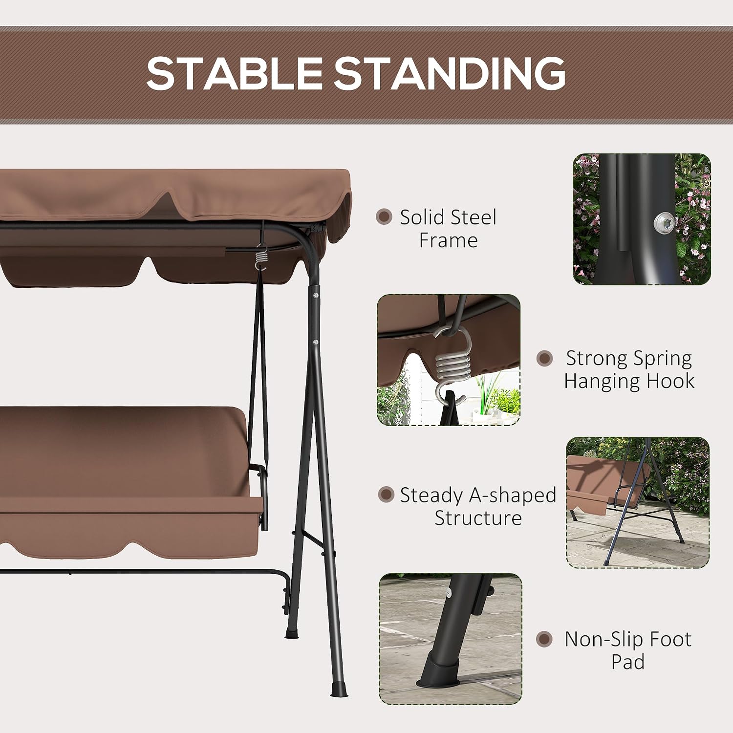 Outsunny 3-Seat Outdoor Patio Swing Chair with Removable Cushion, Steel Frame Stand and Adjustable Tilt Canopy for Patio, Garden, Poolside, Balcony, Backyard, Brown