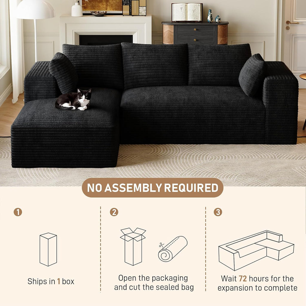 107' L-Shaped Boneless Sectional Couches for Living Room, Comfy Corduroy Fluffy Cloud Couch, Deep Seat Memory Foam Plush Modular Sectional Sofa with Left-Facing Chaise, No Assembly, Black
