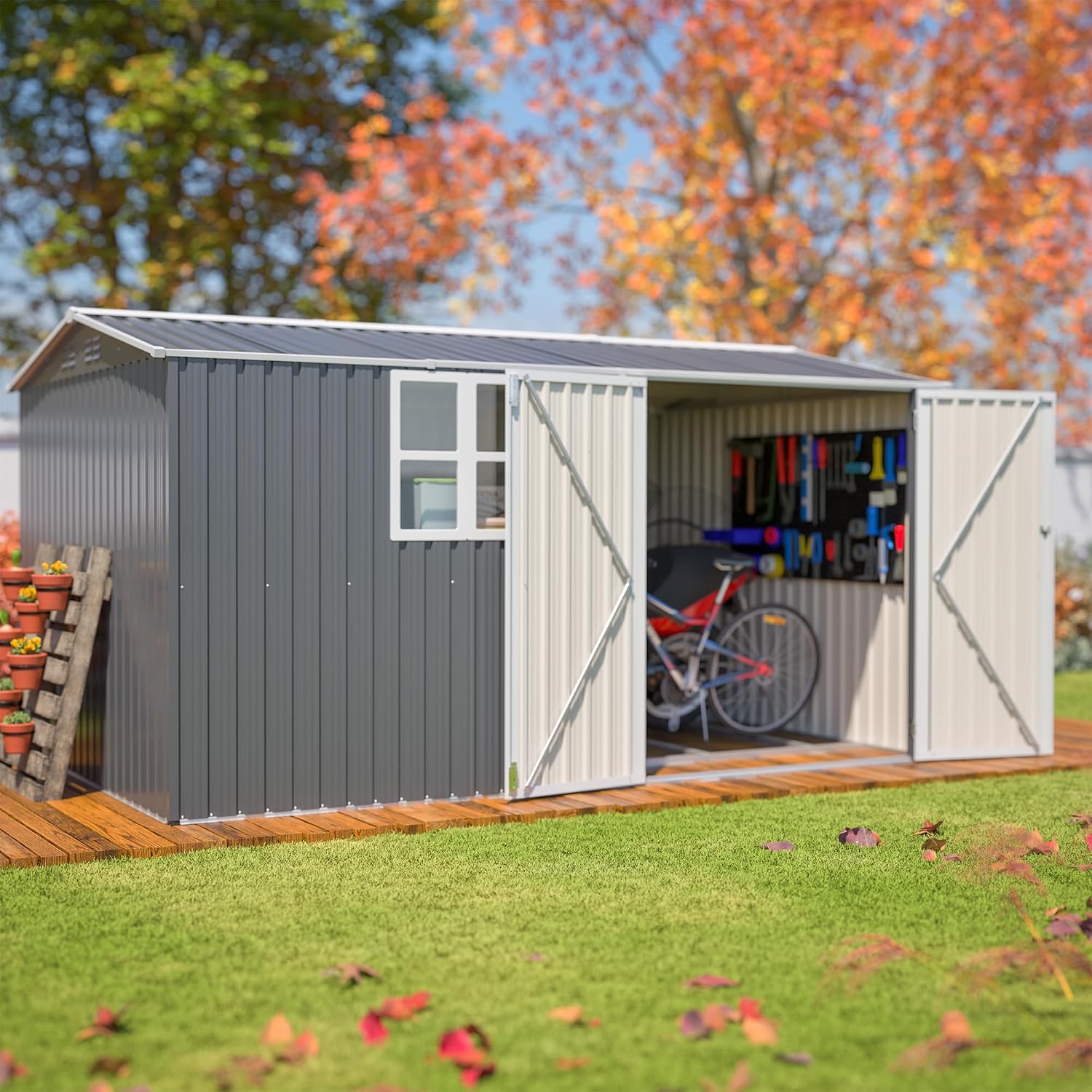 8X12 FT Outdoor Storage Shed,Metal Shed with Window,Floor Frame & Lockable Door,Garden Tool House with Vents & Sloped Roof,Waterproof Outside Storage Building for Backyard, Patio