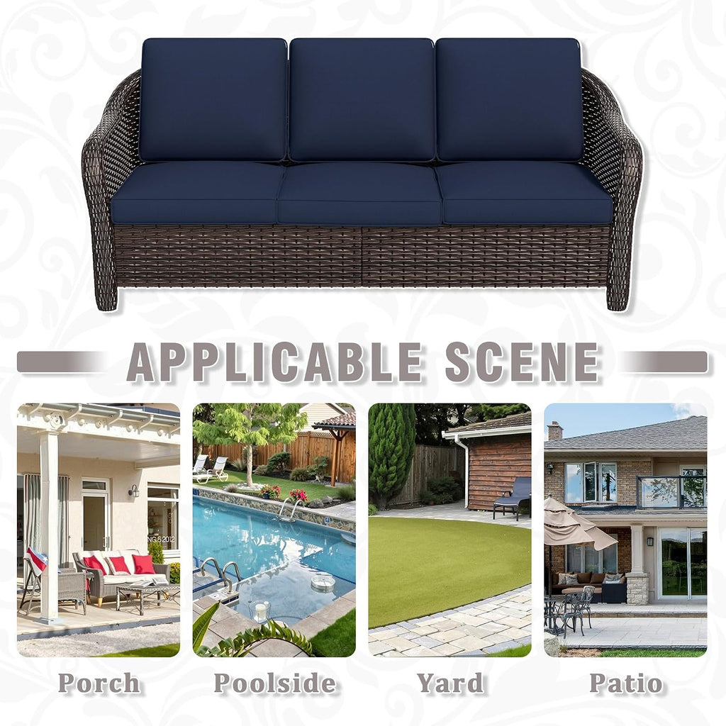 77 inch Outdoor Wicker 3 Seater Sofa, All-Weather Use Patio Rattan Sofa with Seat and Back Cushion, Ideal for Porch, Backyard, Balcony, Poolside, Blue