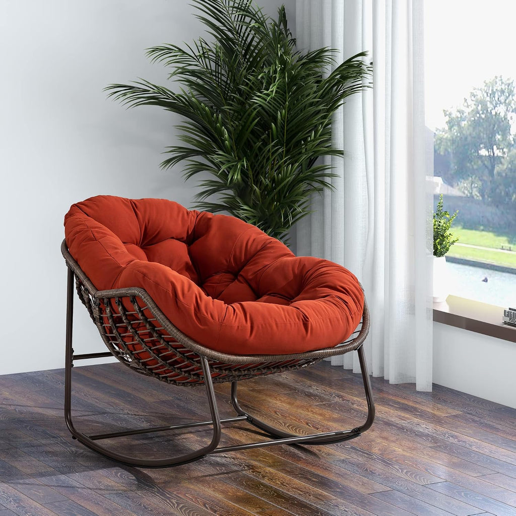 LUMISOL Outdoor Rattan Rocking Chair,Padded Cushion Rocker Recliner Chair Outdoor for Front Porch Living Room Patio Garden, Orange
