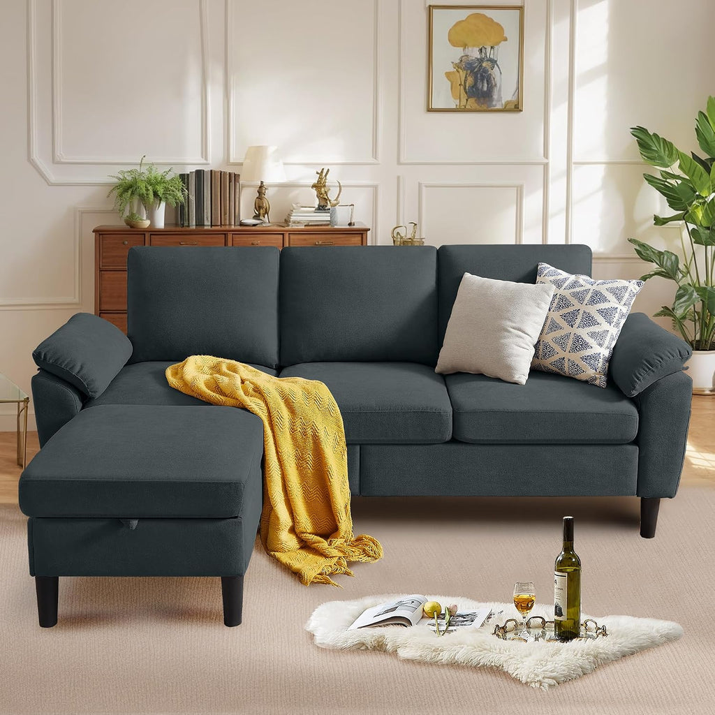 Convertible Sectional Sofa, Modern L Shaped 3-seat Sofa, 79' Linen Fabric Small Sectional Couch with Movable Ottoman, Couch for Small Spaces Living Room (Dark Grey)