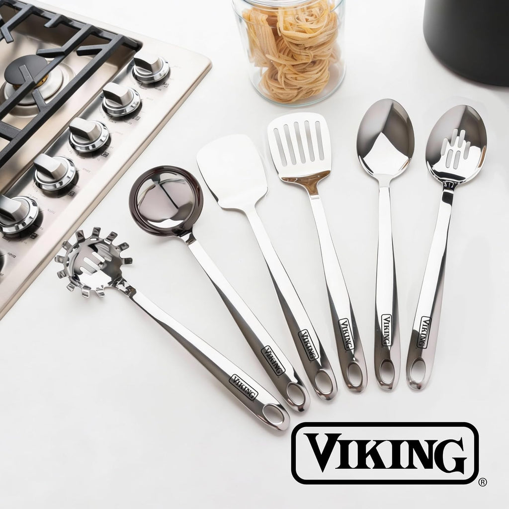 Viking Kitchen Utensils Set, 6 Piece Stainless Steel Cooking Utensil Set, Includes Spatulas, Spoons, Pasta Fork, and Deep Ladle, Hollow Forged, Silver