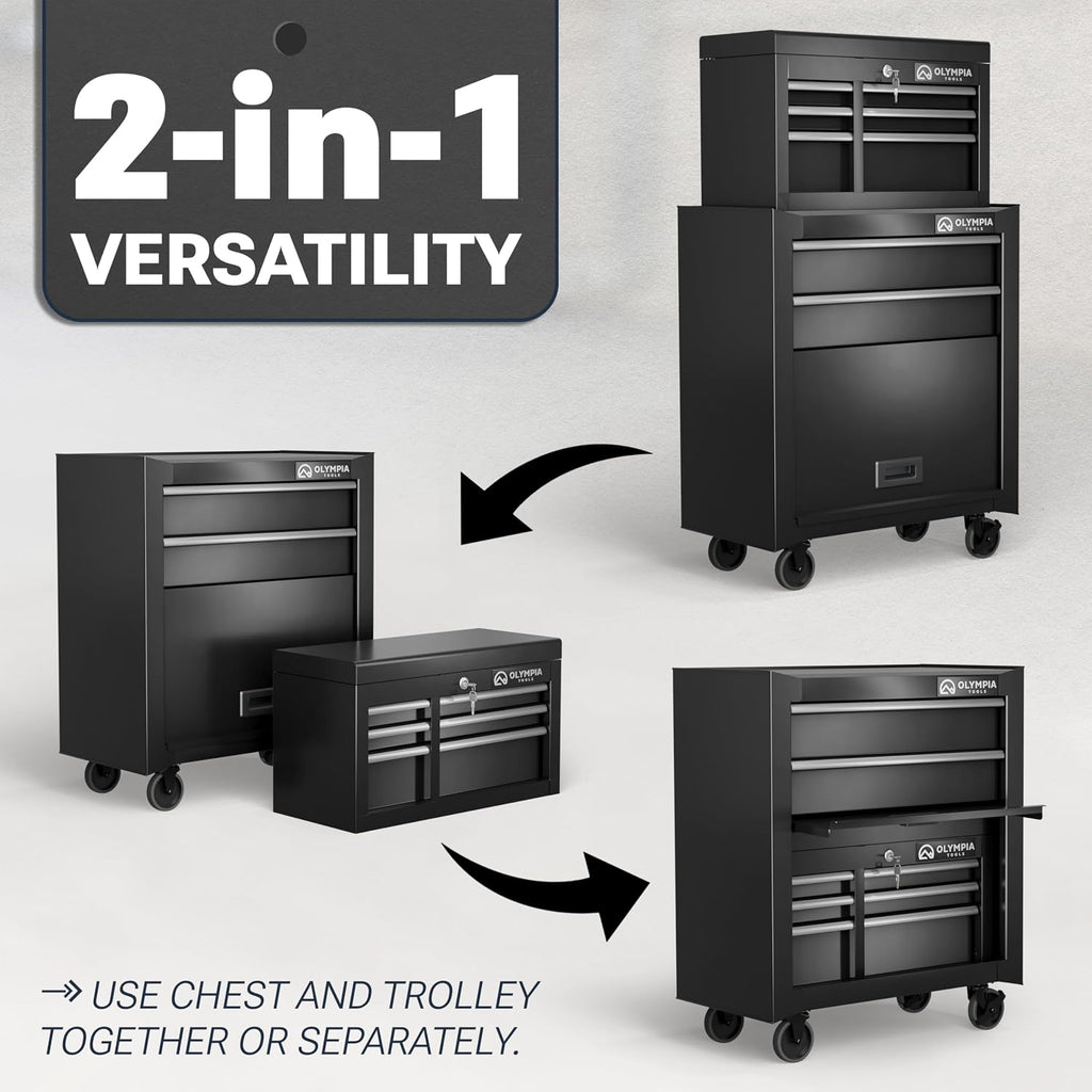 Olympia Tools Tool Chest Cabinet with Drawer - Tool Box with Ball Bearing Fully Extendable Drawers Garage Storage Tools & Equipment (26.5IN Combo Rolling Tool Chest)