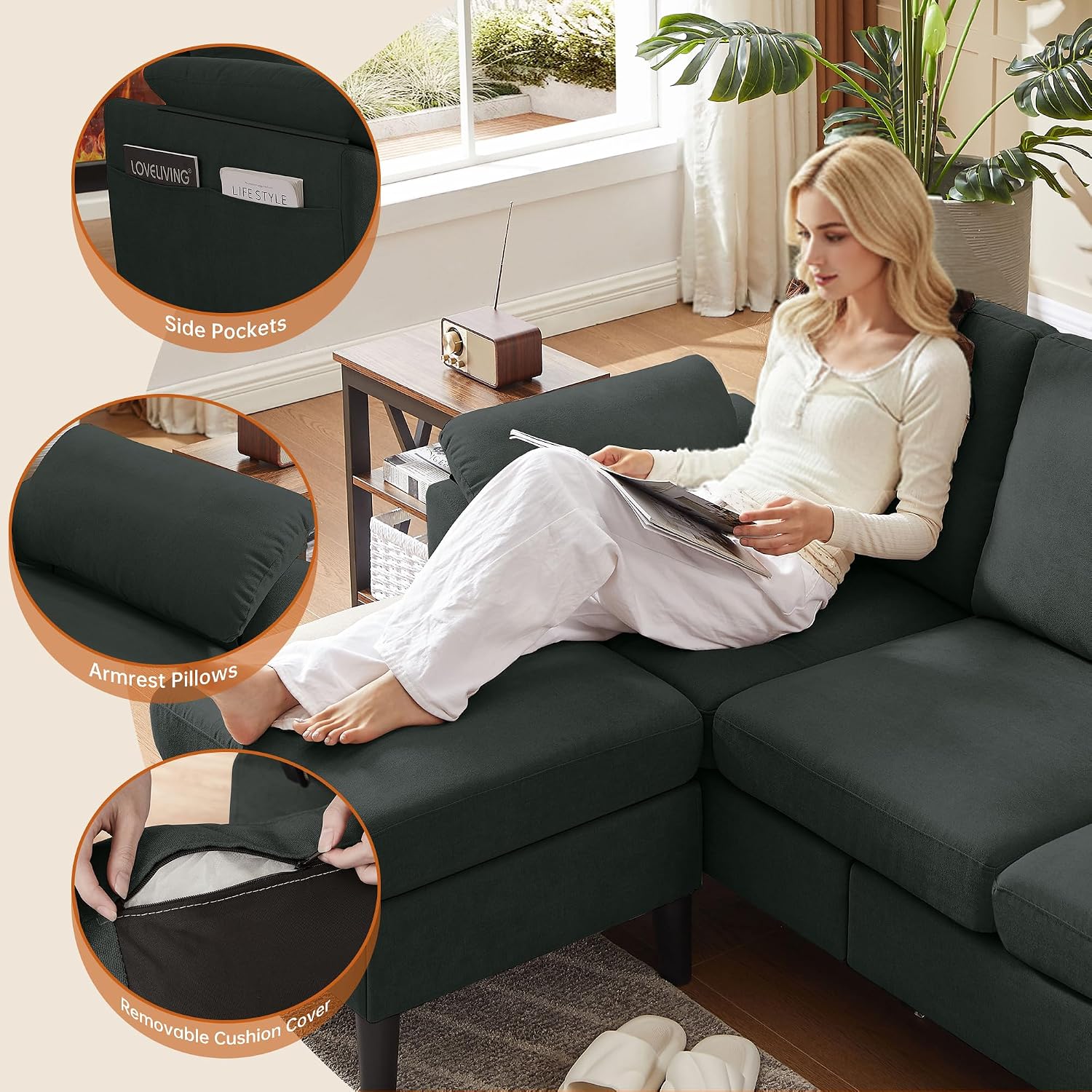 Convertible Sectional Sofa, Modern L Shaped 3-seat Sofa, 79' Linen Fabric Small Sectional Couch with Movable Ottoman, Couch for Small Spaces Living Room (Black)