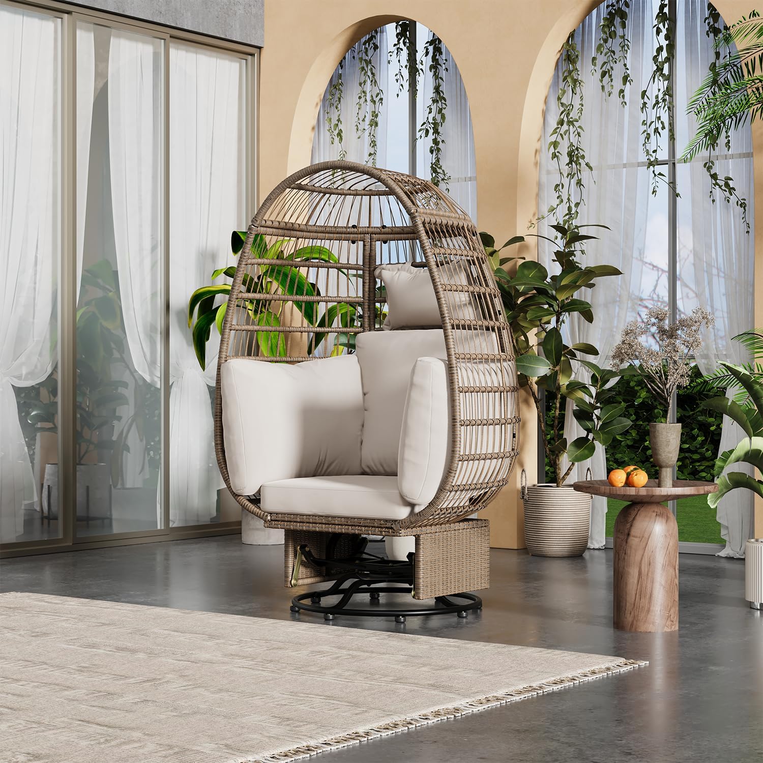 Outdoor Swivel Chair with Cushions, Rattan Egg Patio Chair with Rocking Function for Balcony, Poolside and Garden