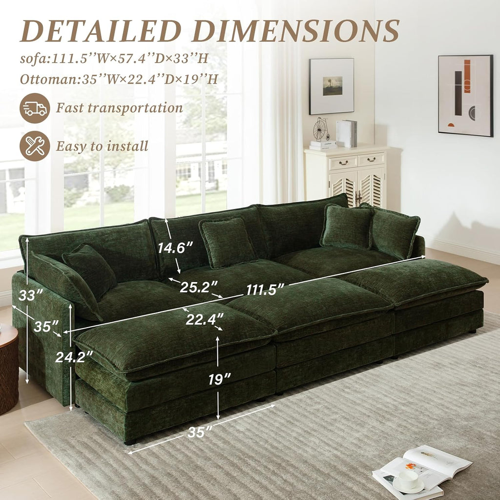 SoarFlash Chenille Sectional Sofa, Comfy Modular Coush Sofa with Ottoman, Modern 3 Seat Recliner Deep Seat Sofa Set for Living Room,Green