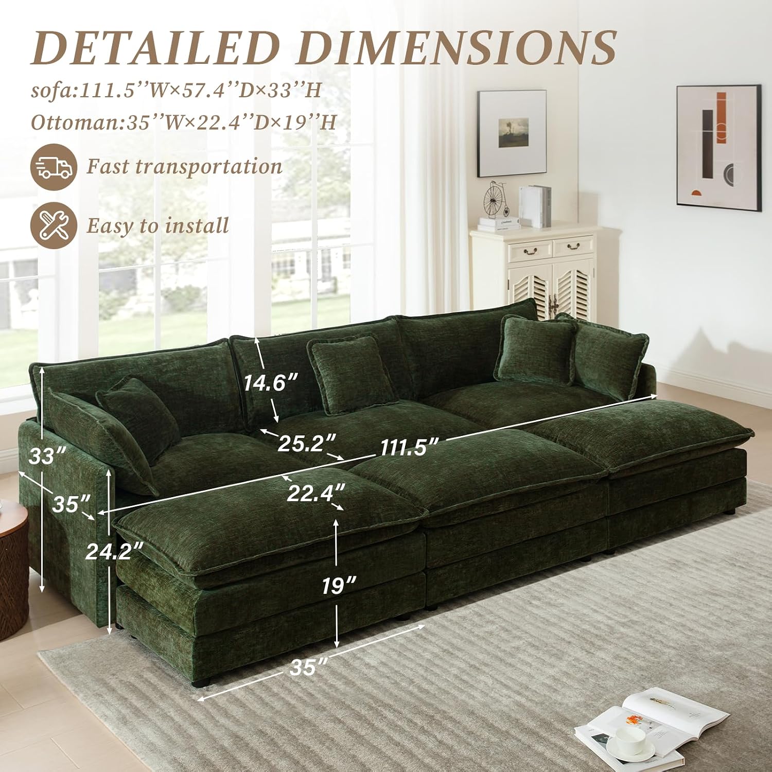 SoarFlash Chenille Sectional Sofa, Comfy Modular Coush Sofa with Ottoman, Modern 3 Seat Recliner Deep Seat Sofa Set for Living Room,Green