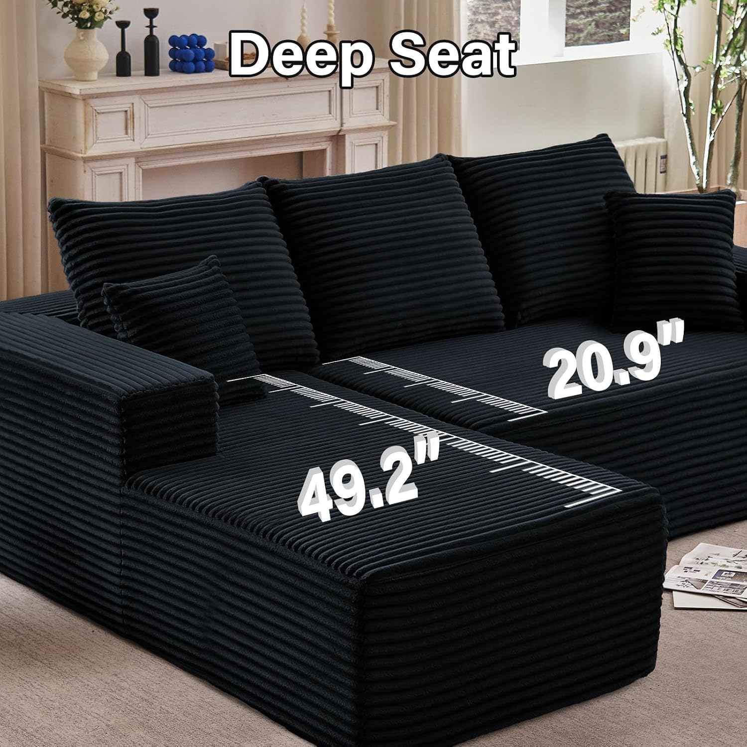 107' W Cloud Sectional Couch with L-Shape Chaise, Modern Corduroy Boneless Couch for Living Room,Memory Foam Sofa with Deep Seat,No Assembly Required (Black,Left-Facing Chaise)