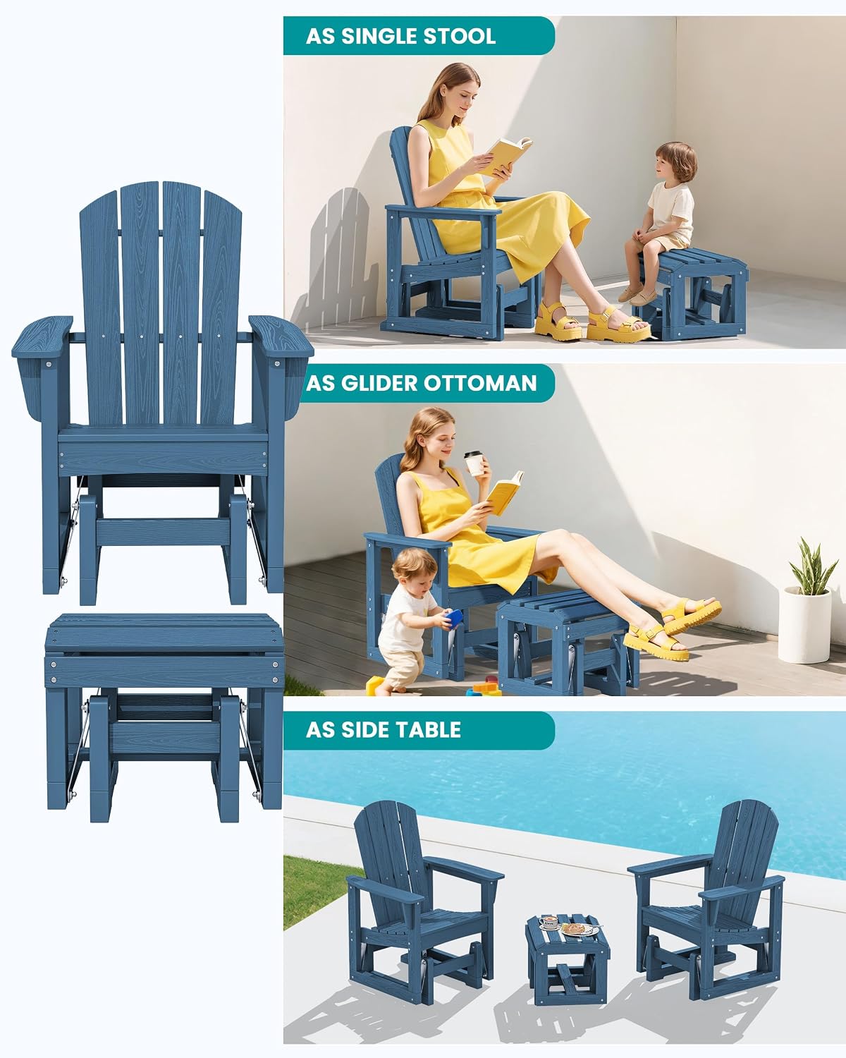 SERWALL Outdoor Glider Chair with Ottoman, HDPE Wood-Like Patio Glider Set All-Weather Porch Glider for Outside, Blue
