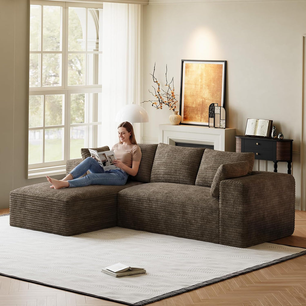 107' L-Shaped Boneless Sectional Couches for Living Room, Comfy Corduroy Fluffy Cloud Couch, Deep Seat Memory Foam Plush Modular Sectional Sofa with Left-Facing Chaise, No Assembly, Brown