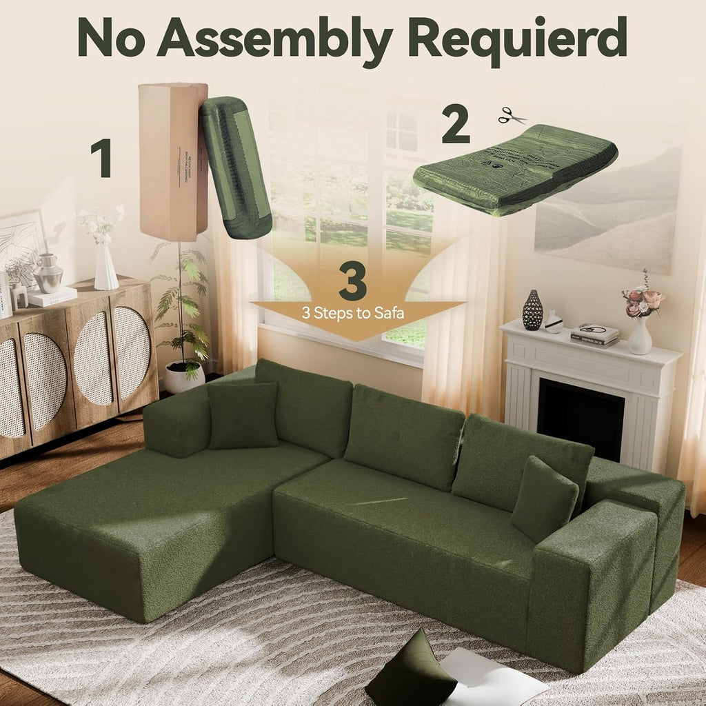 Cloud Wool Modular Sectional Sofa with Chaise, 106' L-Shaped Sofa Couch for Living Room, Deep Seat Plush Boneless Couches, Includes Pillows, Right Chaise, Green