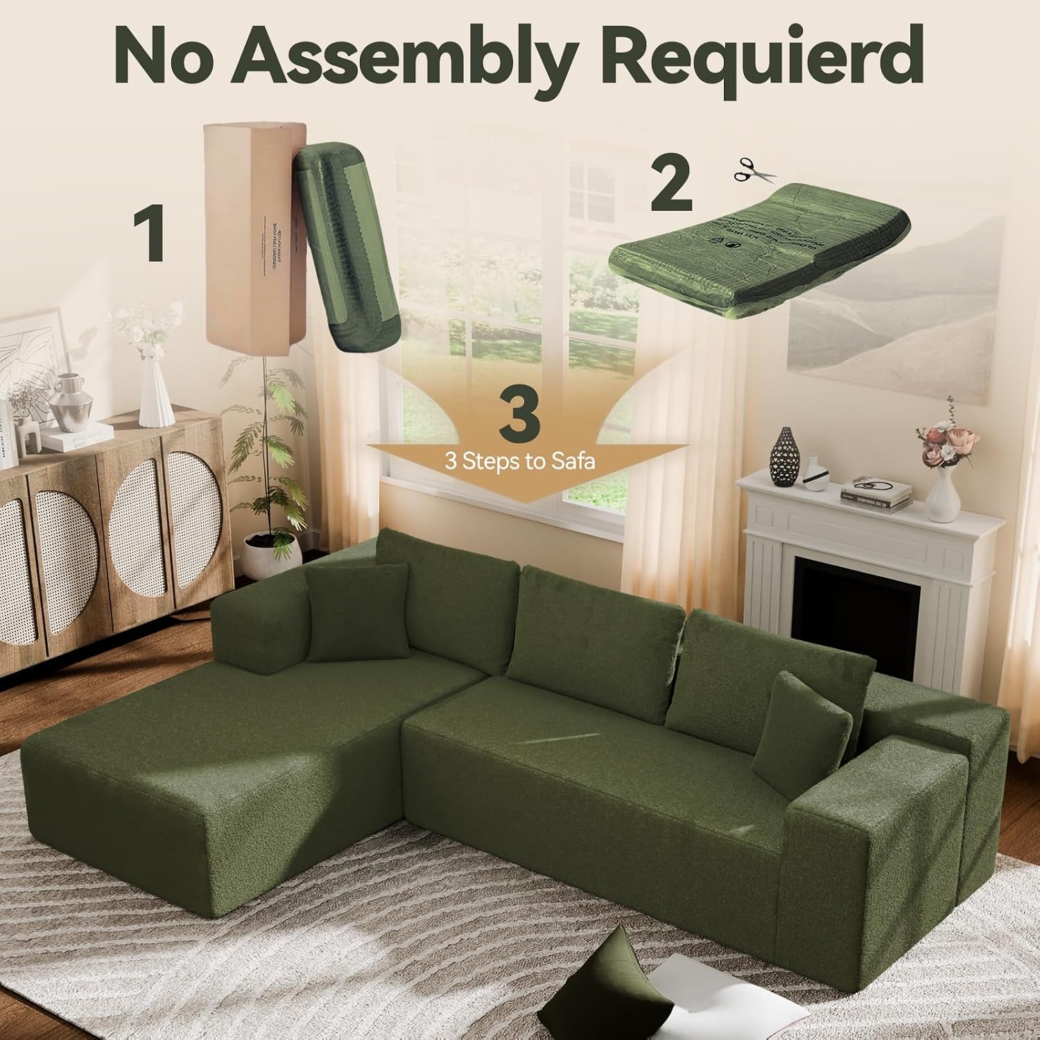 Cloud Wool Modular Sectional Sofa with Chaise, 106' L-Shaped Sofa Couch for Living Room, Deep Seat Plush Boneless Couches, Includes Pillows, Right Chaise, Green