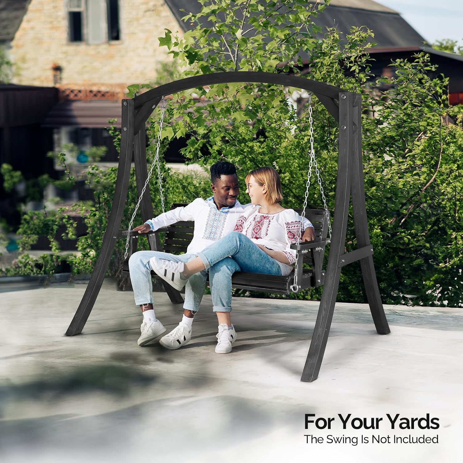 VINGLI 6.7FT Porch Swing Frame, 1000LBS Heavy Duty A-Frame Wooden Porch Swing Stand with Curved Arc Top for 5FT Porch Swing, Large Swing Hanger for Garden, Patio, Backyard & Indoor, Black