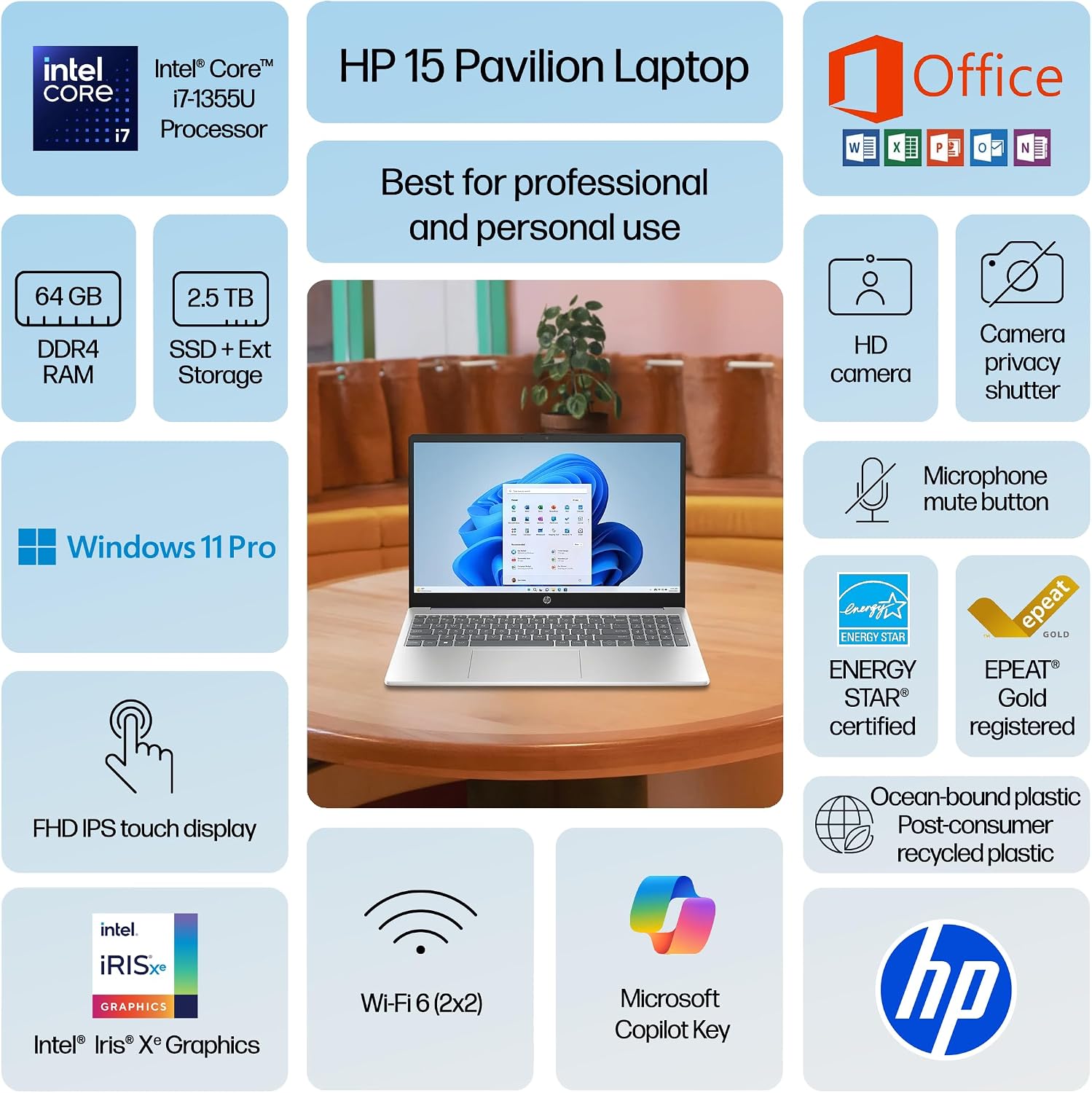 HP Ultra Performance Touchscreen Laptop 2025-2026 Business, Al Copilot, 10-Core Intel Core i7-1355U, 15.6' FHD, 64GB RAM, 2.5TB Storage (2TB SSD+500GB Ext), MarxsolAdd-on, Win 11 Pro, Lifetime Office