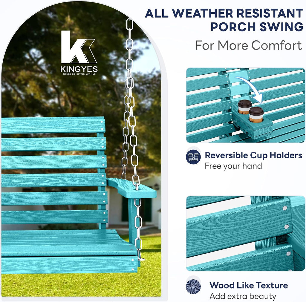 KINGYES Outdoor Hanging Porch Swing Set of 2, 2 Seat Patio Swing Recliner with Cup Holders, Waterproof Swing Recliner Bench for Courtyard & Garden, 660LBS Weight Capacity, Aruba Blue