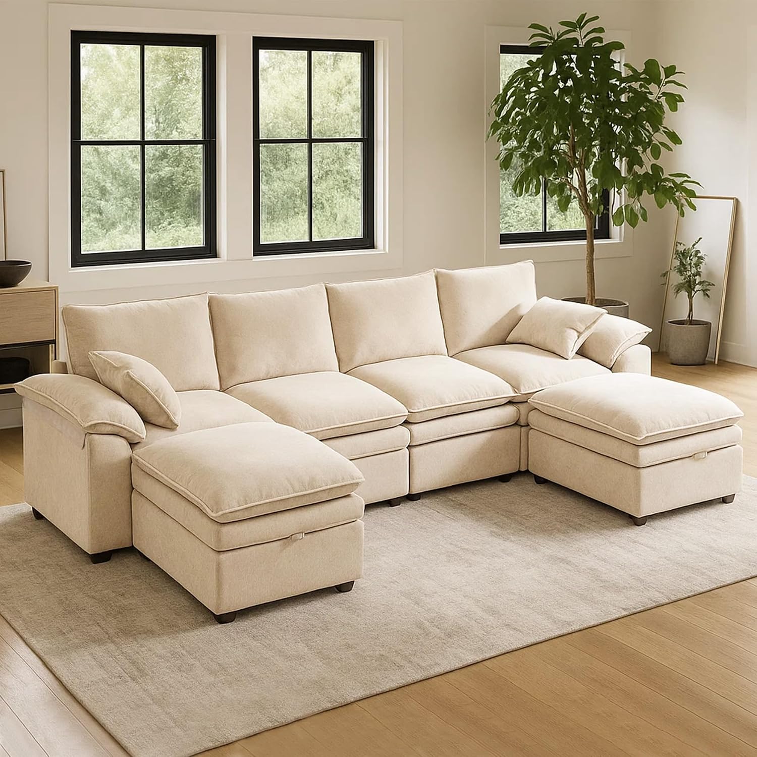 Large U-Shaped Sectional Couch Set - 6/7/8 Seater Oversized Cloud Sofa for Living Room, Big Comfy Chenille Fabric Couches, Extra Long Modular Sofa Bed Furniture (Beige, 6-Seater Sofa)