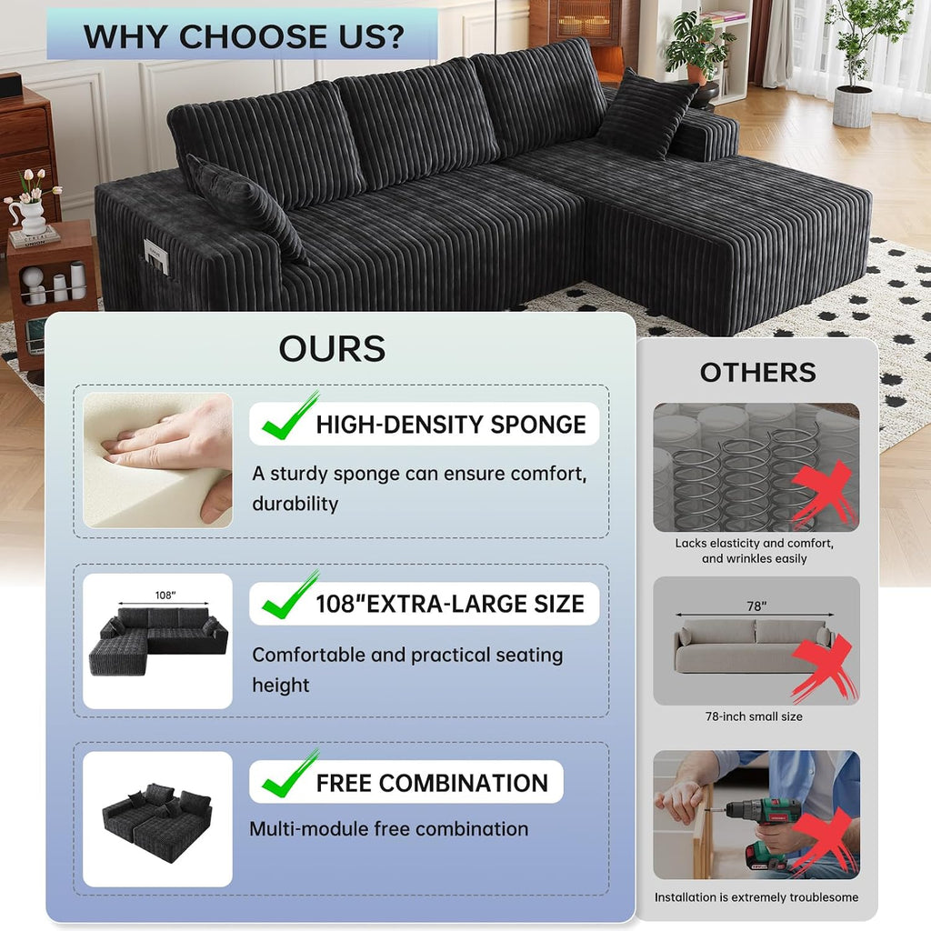 108' Modular Sectional Cloud Couch for Living Room Deep Seat L Shapes Boneless Couch with Oversized Chaise Lounge, Comfy Memory Foam Flannel Fabric Sofa for Bedroom Apartment, No Assembly Required