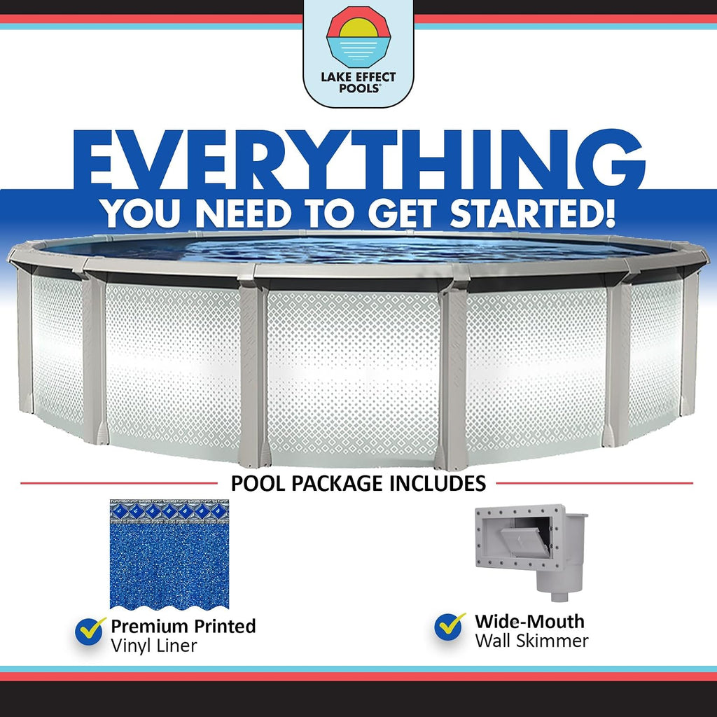 Lake Effect Pools 'Grand Cayman' 33 ft Round Above Ground Swimming Pool | 52 Inch Strong Extruded Resin Components | Bundle Includes: 25 Gauge Overlap Liner & Widemouth Skimmer