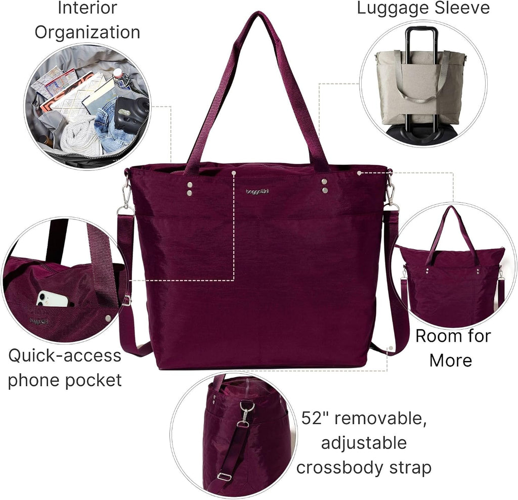 Baggallini Carryall Tote - Lightweight Nylon Zipper Top Weekender Travel Beach Bag w/Luggage Sleeve