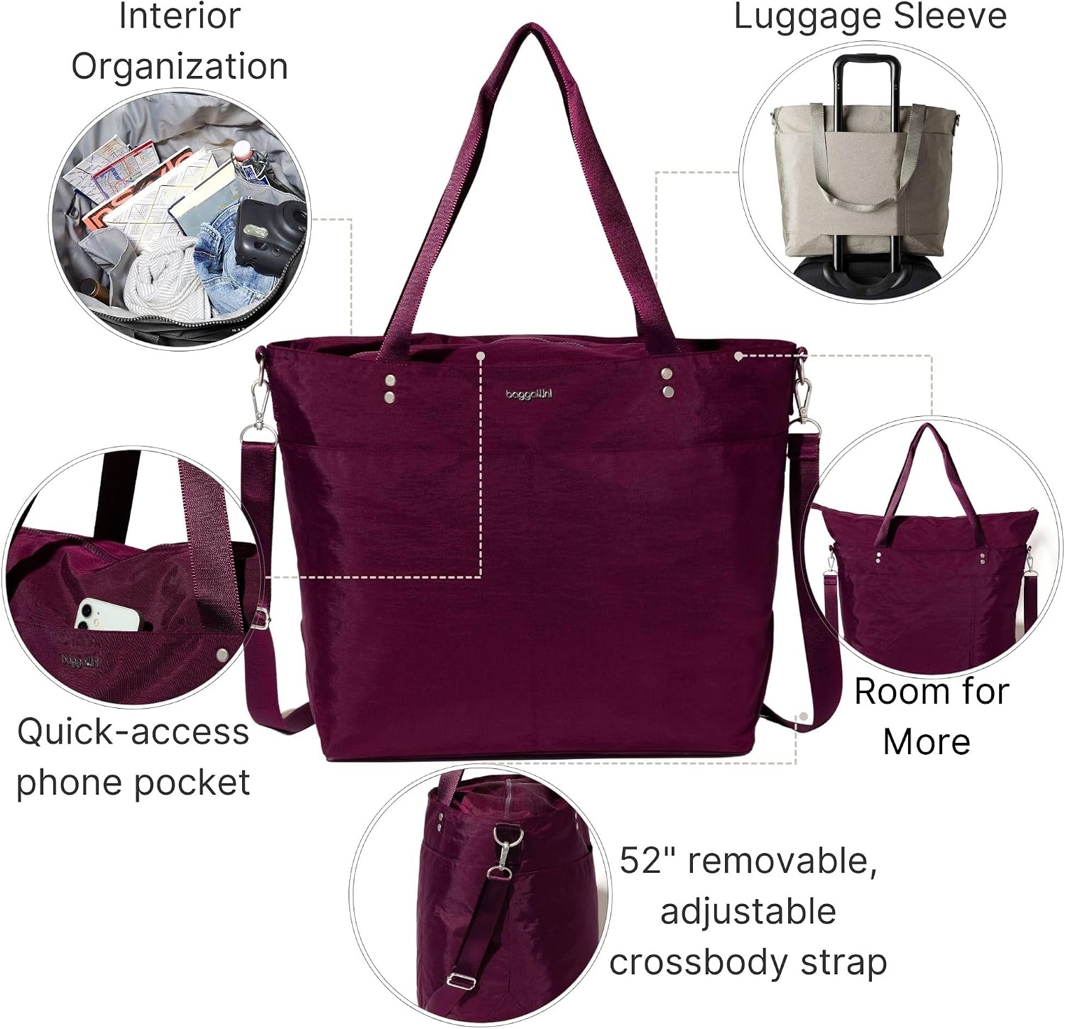 Baggallini Carryall Tote - Lightweight Nylon Zipper Top Weekender Travel Beach Bag w/Luggage Sleeve