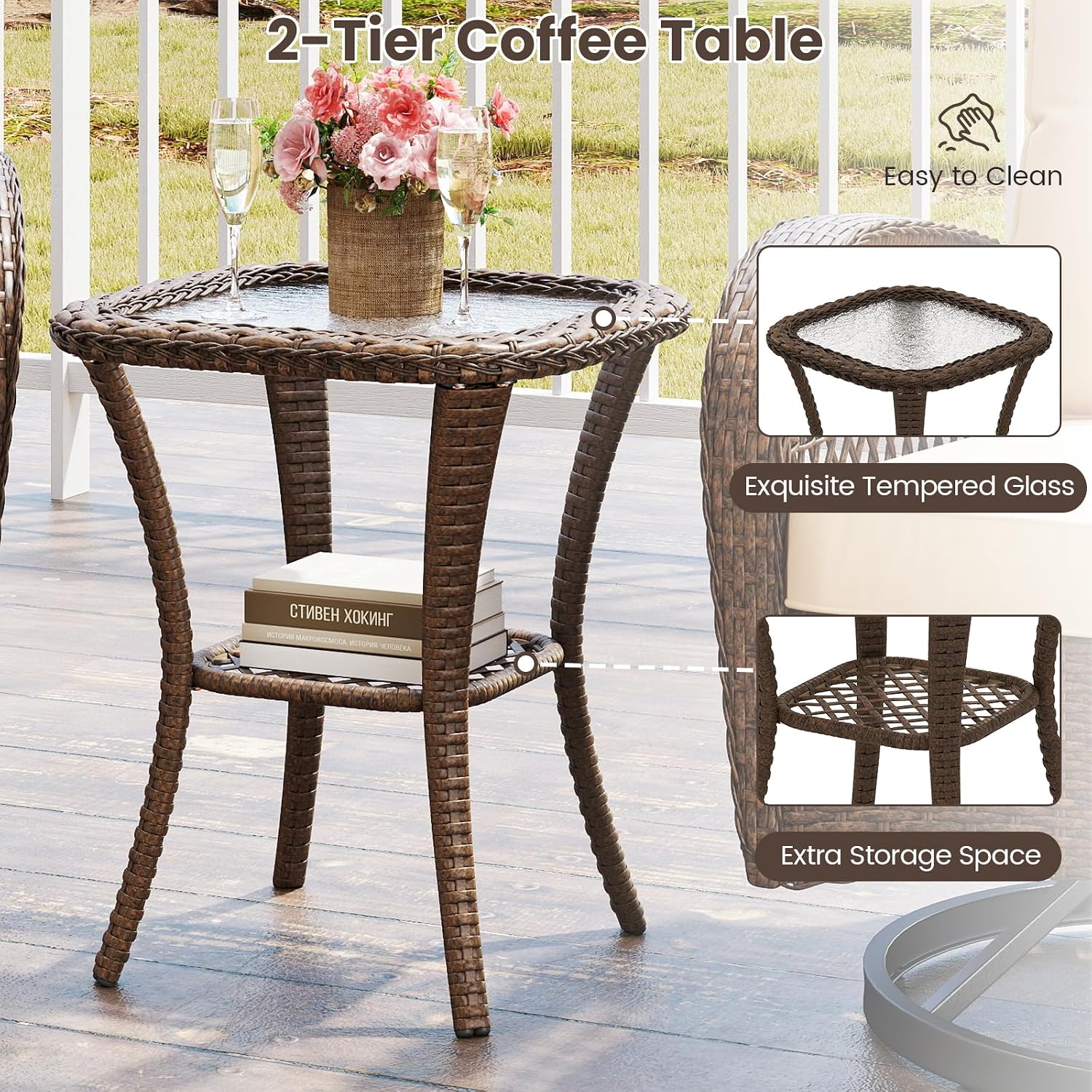 ORALNER 3 Pieces Wicker 360° Swivel Rocker Set Patio Furniture, Rocking Chairs with Cushions, Tempered Glass Coffee Table, Outdoor Rattan Bistro Set for Balcony Front Porch Deck Poolside (Beige)