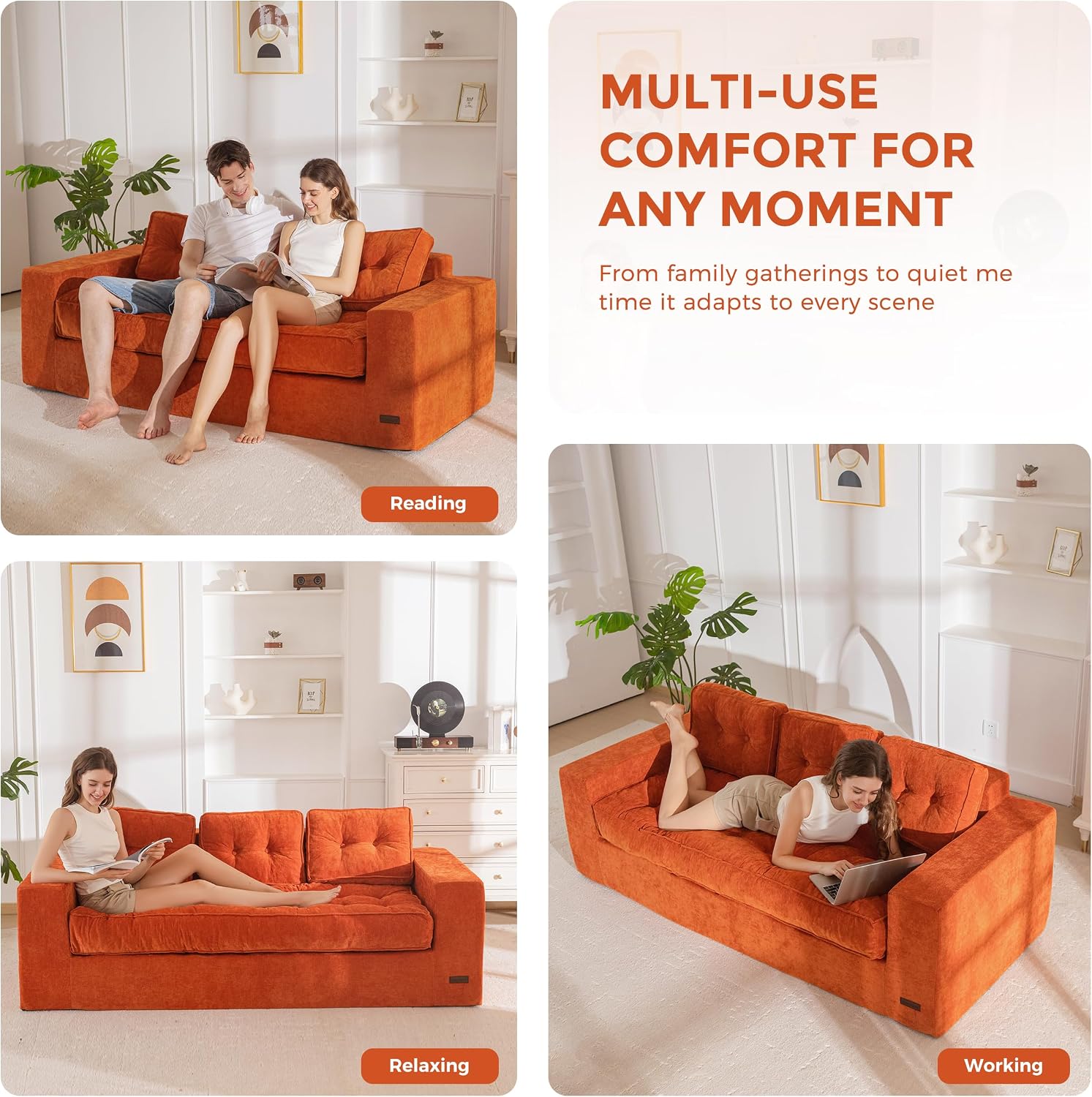 MAXYOYO Boneless Sofa Couch, 75' Oversized Loveseat Sofa, Tufted Floor Couch Bean Bag Chair for Living Room Bedroom Apartment, Sofa in a Box, No Assembly Needed, Orange