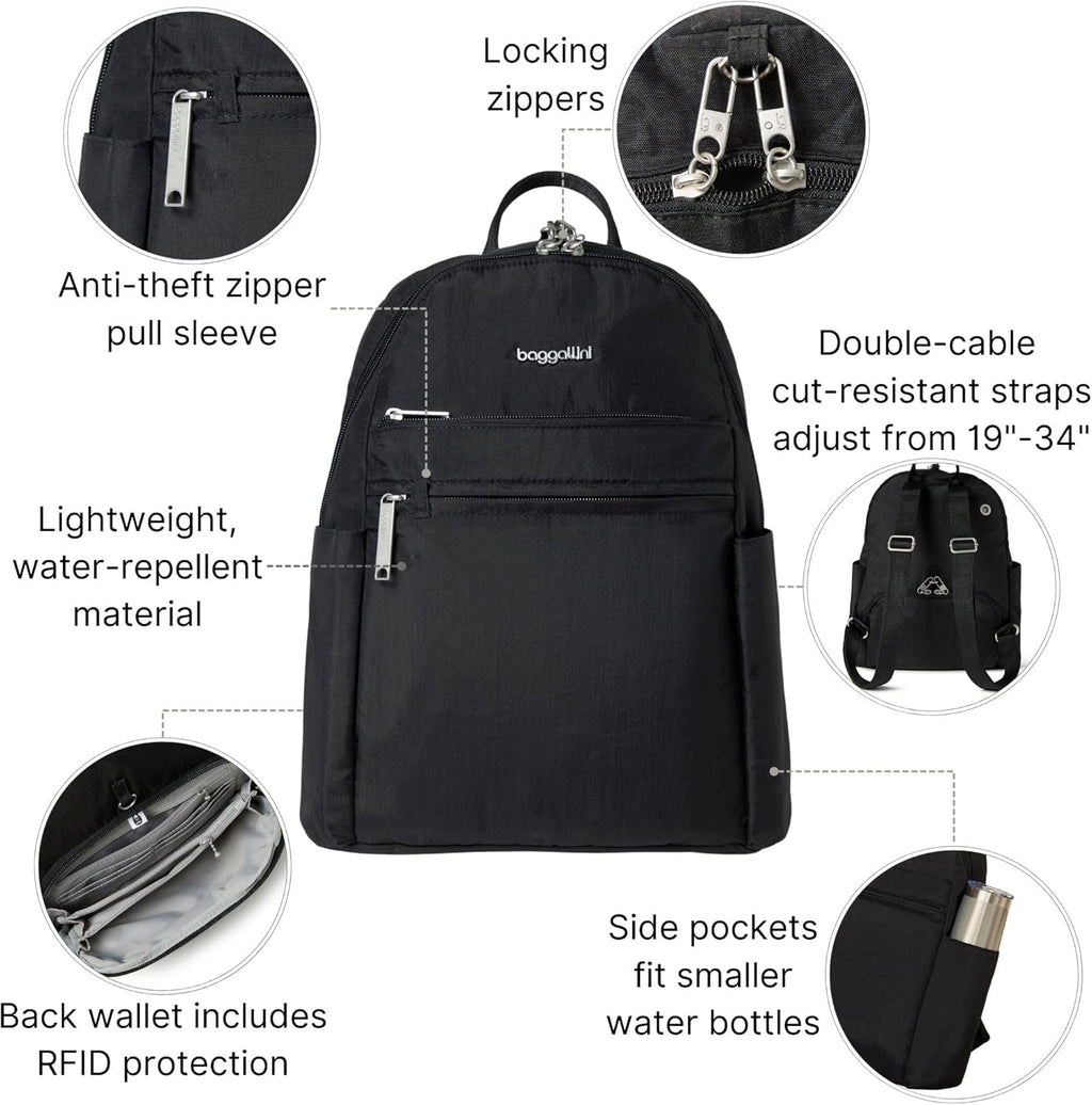 Baggallini Securtex® Anti-theft Vacation Travel Backpack 10x13 Slash-Resistant Nylon Daypack w/RFID, Black