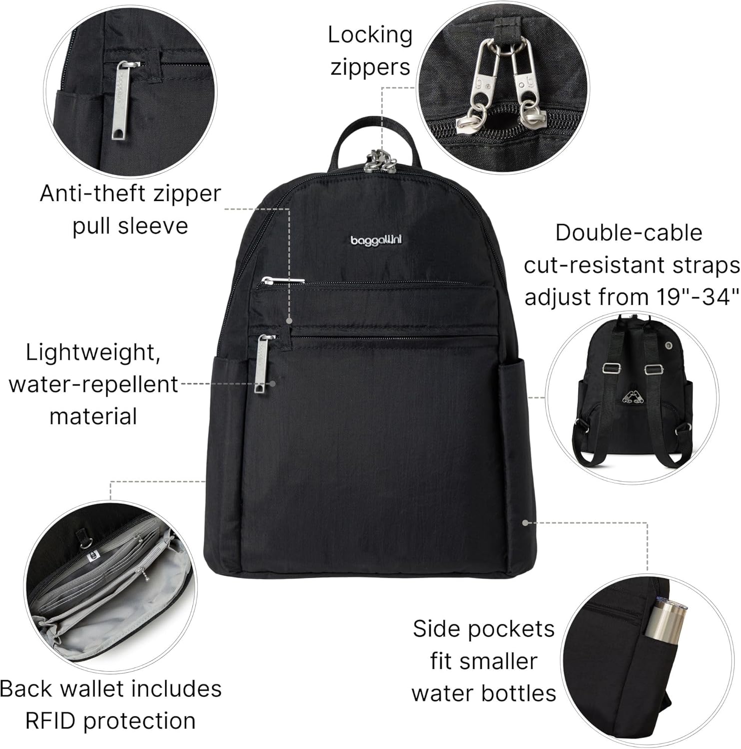 Baggallini Securtex® Anti-theft Vacation Travel Backpack 10x13 Slash-Resistant Nylon Daypack w/RFID, Black