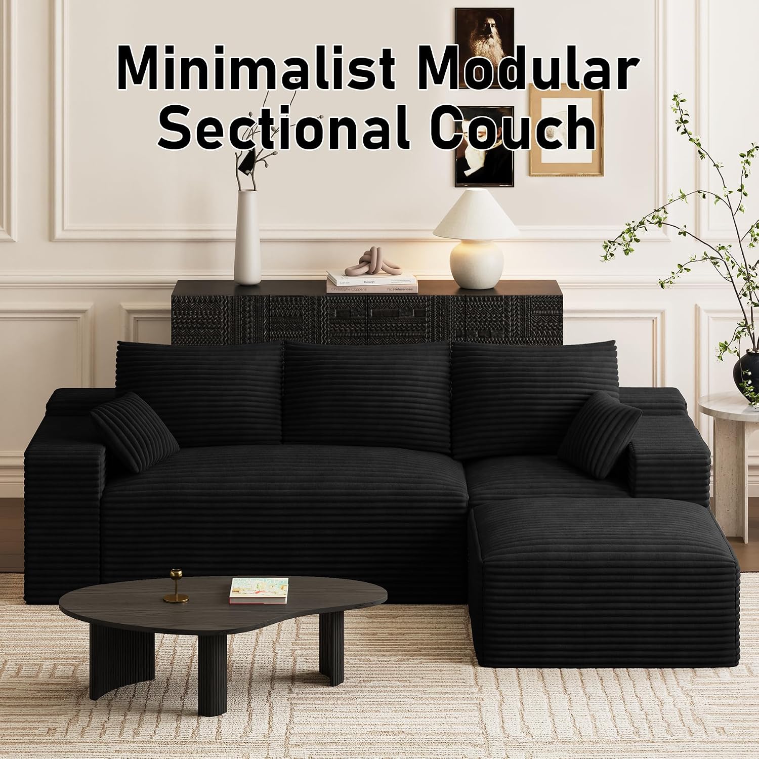 108' Oversized L-Shaped Sectional Couches for Living Room, Comfy Fluffy Corduroy Black Boneless Cloud Couch with Ottoman, Plush Memory Foam Modular Sectional Sofa for Small Spaces