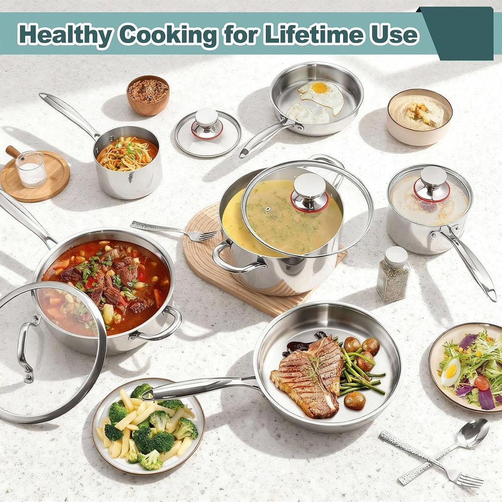 P&P CHEF 3-Ply Stainless Steel Cookware Set of 6, 10-Pieces Pots and Pans Sets Stainless Steel for Kitchen, Induction Multi Cooktops & Oven, Dishwasher Safe, Frying Pans, Saucepans, Saute Pan & Pot
