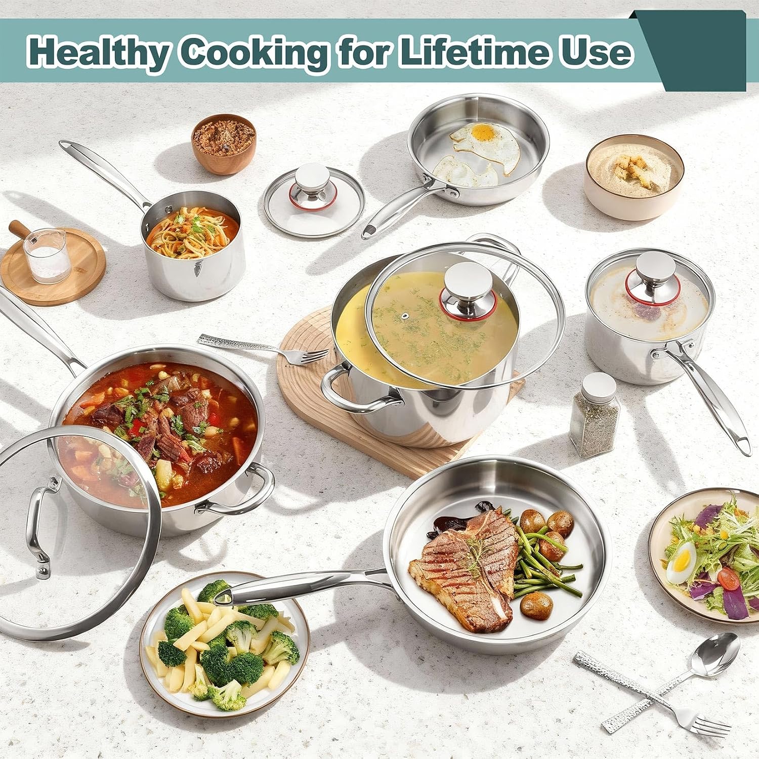 P&P CHEF 3-Ply Stainless Steel Cookware Set of 6, 10-Pieces Pots and Pans Sets Stainless Steel for Kitchen, Induction Multi Cooktops & Oven, Dishwasher Safe, Frying Pans, Saucepans, Saute Pan & Pot