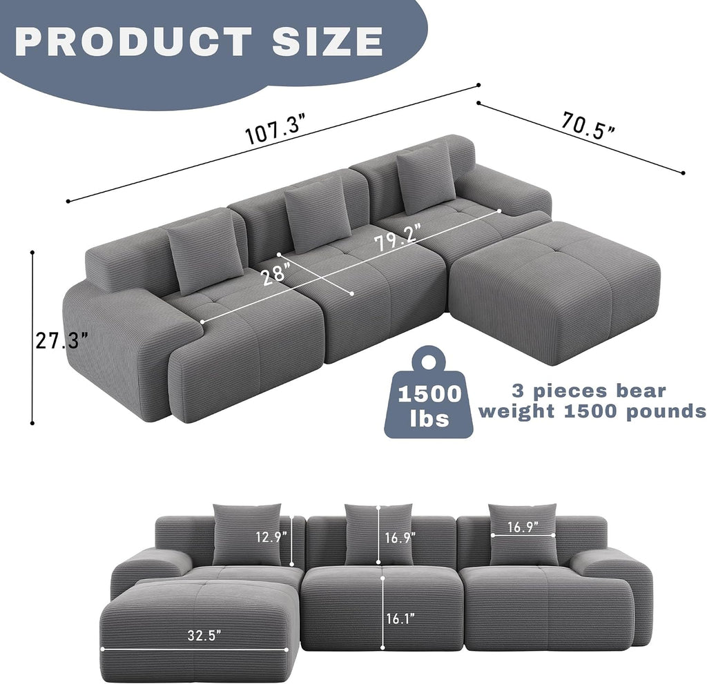 107' Cloud Modular Sectional Couch,Boneless Sofa with Ottman,L-Shape Upholstered Sofas with Deep Seat,Modern Cozy Corduroy Couches with Memory Foam,No Assembly Required (Dark Grey)