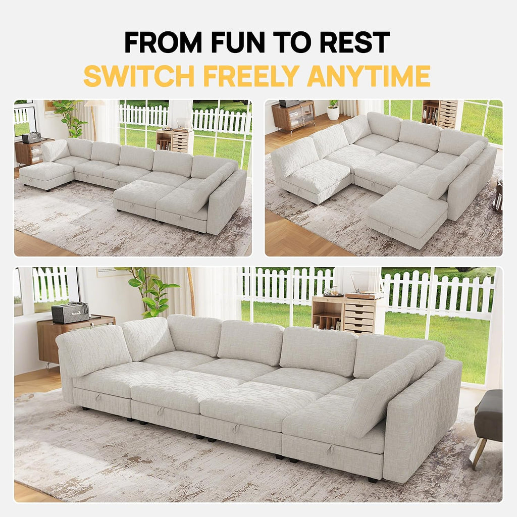 128' Modular Sectional Chenille Sofa bed with Hidden Storage, Comfy Modern 8 Seater Oversized Deep Seat Couch, Modular Sectional with Ottoman and Removable Cover for Living Room, Apartment, Beige