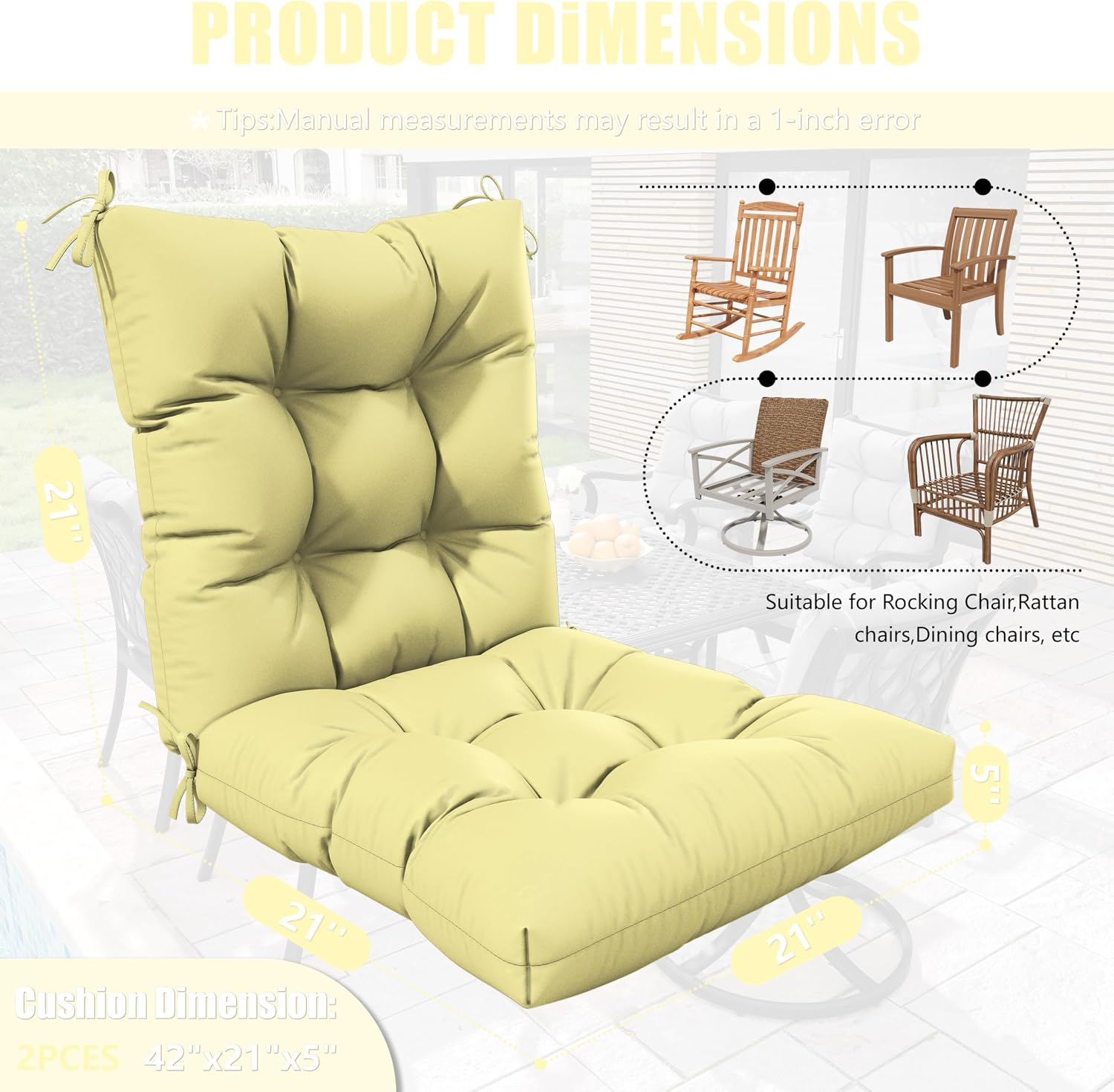 2sets Rocking Chair Cushion Set,Outdoor Patio Chair Cushions,Waterproof and Fade-Resistant Replacement Tufted Pads with Ties for Indoor Outdoor Rocker/Patio/Swing Chair,42 x 21 x 5 Inches