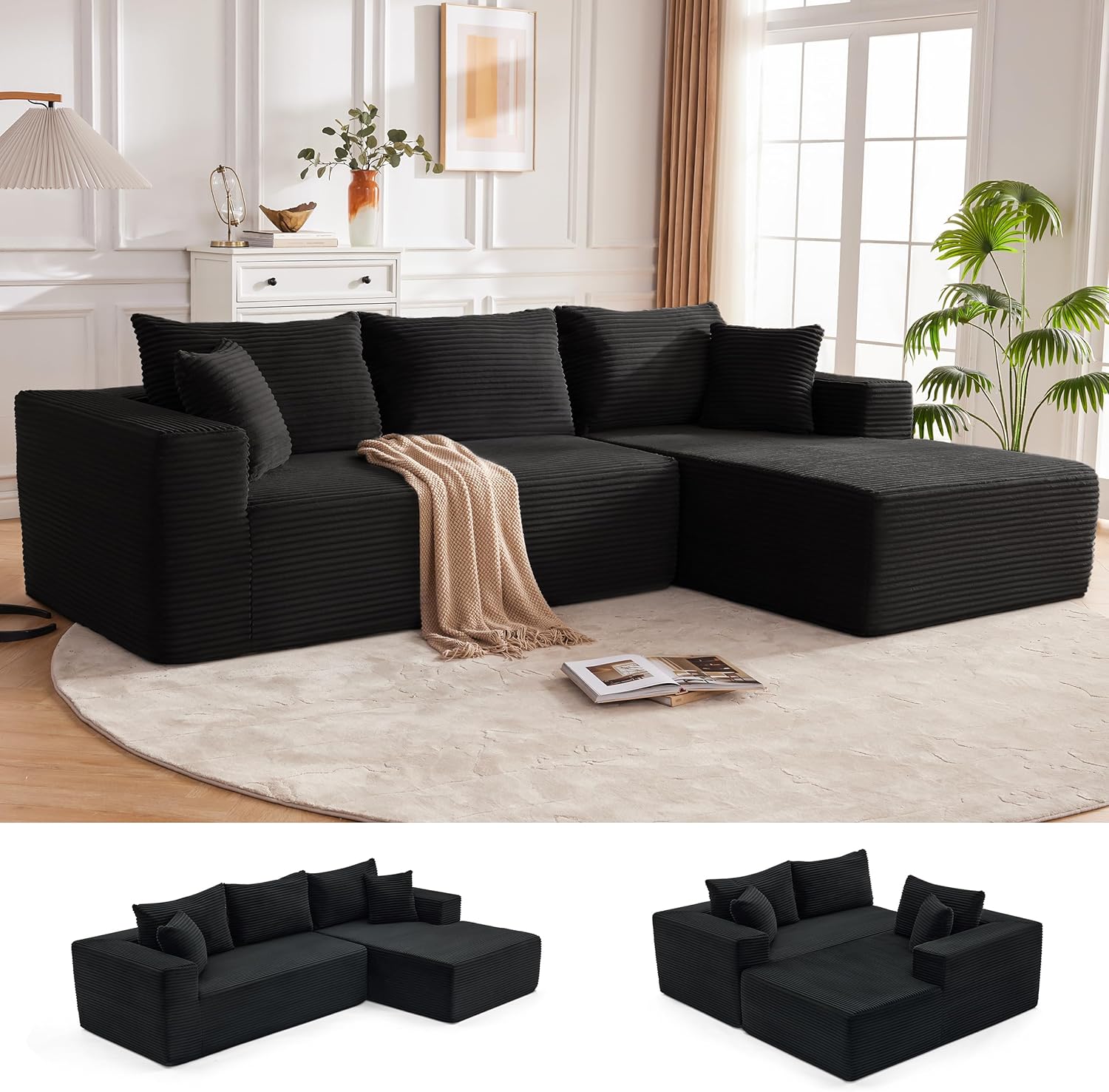 Mangodan 110' Cloud Sectional Couch, Boneless Sofa for Living Room, Modular Sectional Sofa with Deep Seat, Comfy Fluffy Couch with L-Shaped Chaise, No Assembly Required (Right-Facing Chaise, Black)