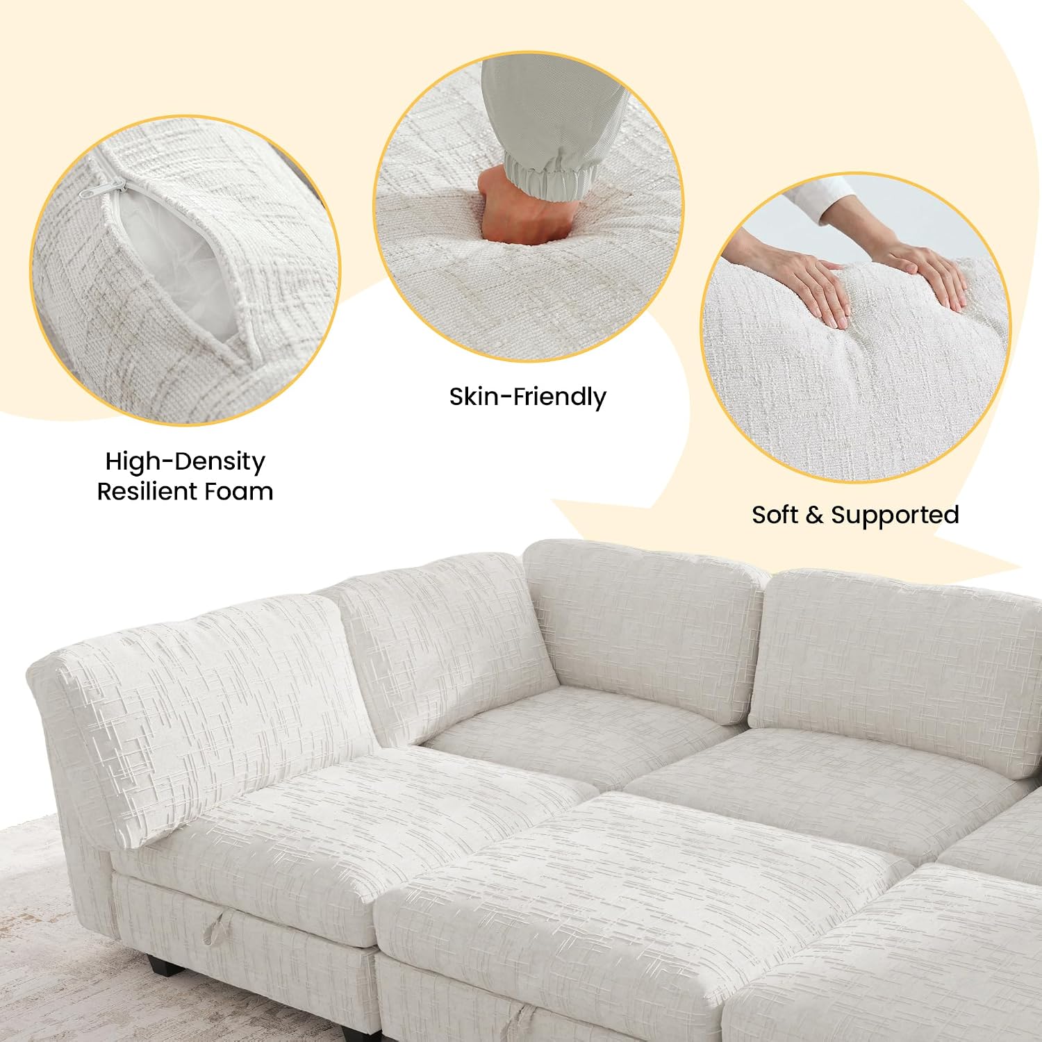 99' Modular Sectional Chenille Sofa bed with Hidden Storage, Comfy Modern 6 Seater Oversized Deep Seat Couch, Modular Sectional with Ottoman and Removable Cover for Living Room, Apartment, Beige