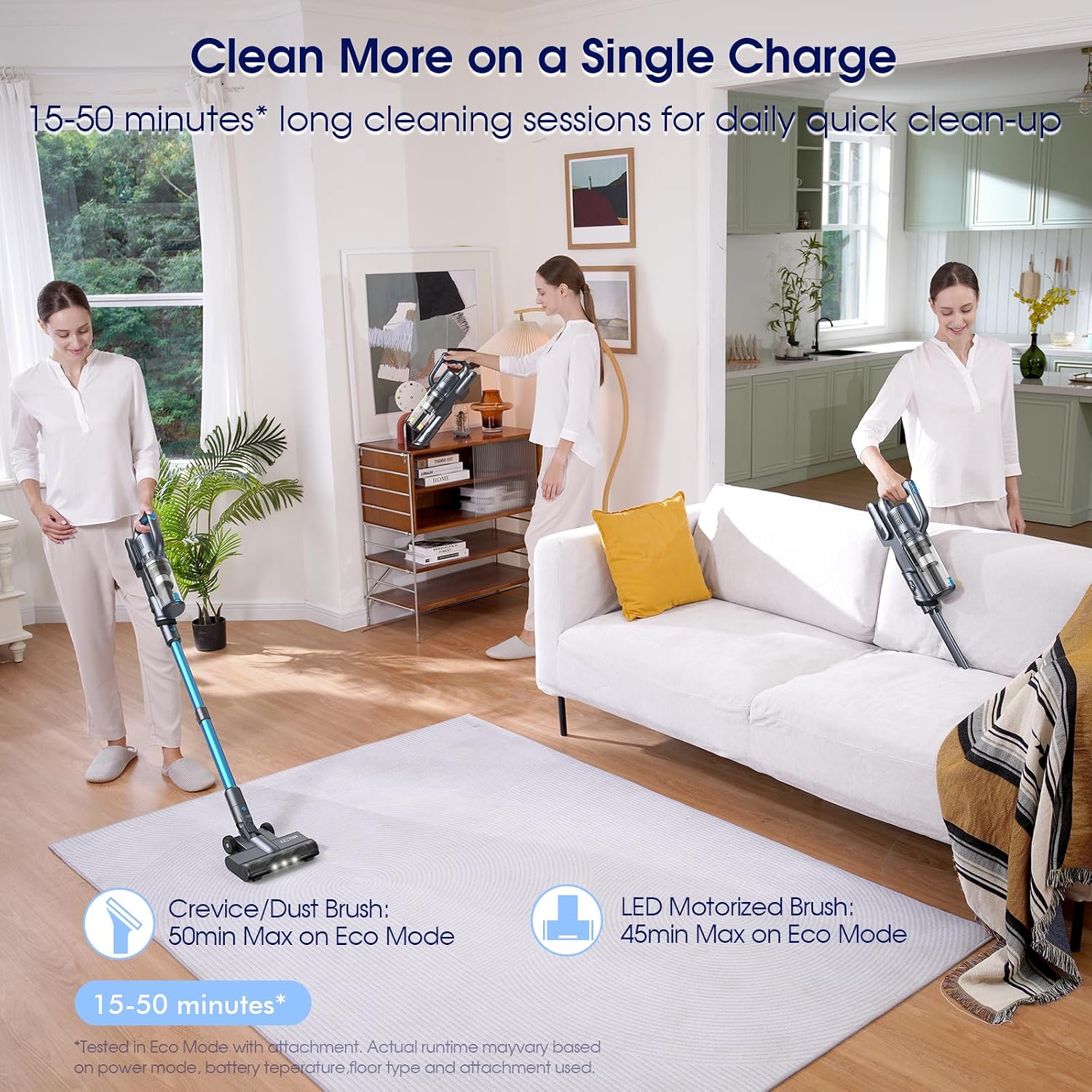 MIUZZY 35,000pa Cordless Vacuum Cleaner, Max 50 Minutes, Lightweight Cordless Cleaners for Home, Stick and Handheld Vacuum for Carpets, Hard Floor, Pet Hair, Cars (Blue)