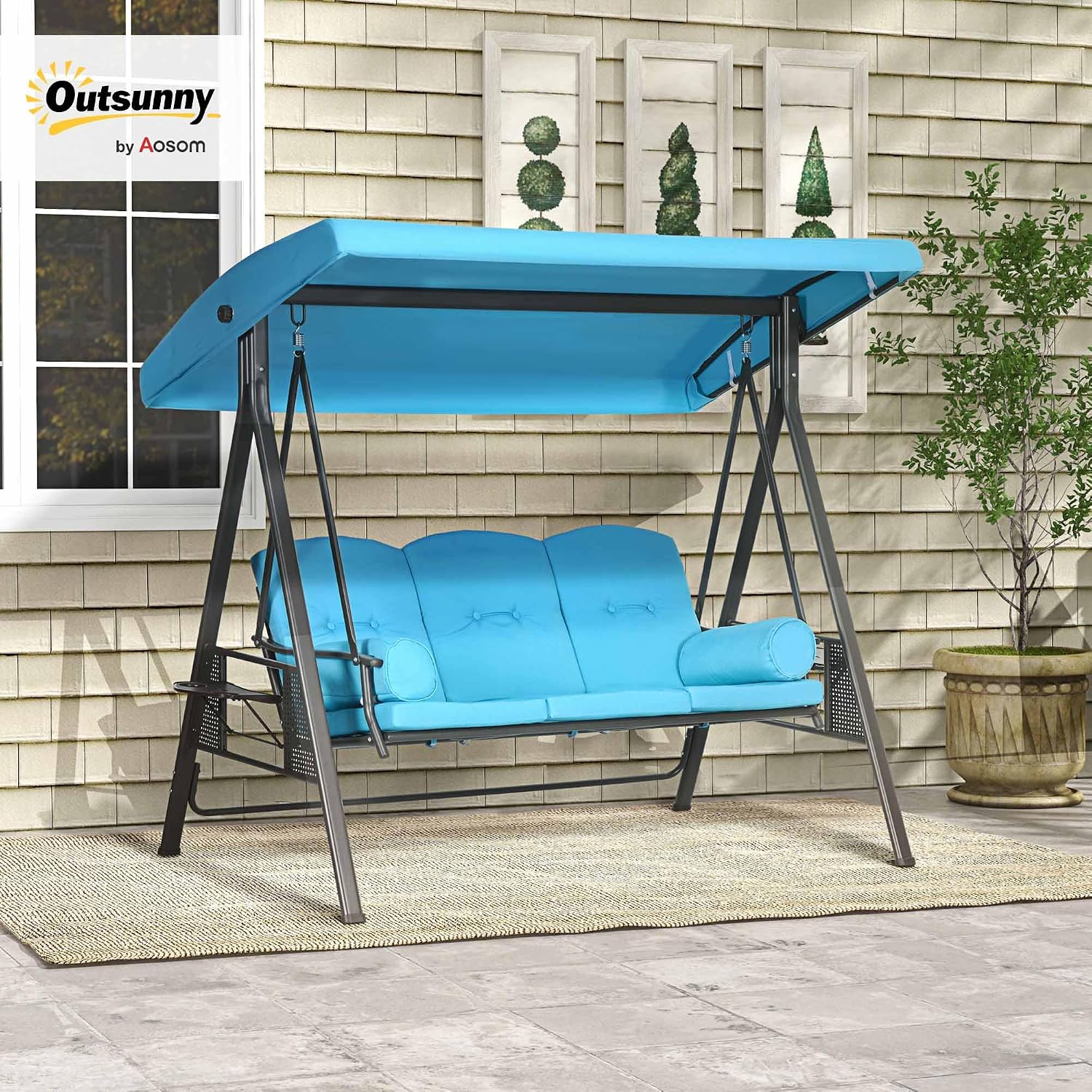 Outsunny 3-Seat Patio Swing Chair, Outdoor Porch Swing Glider with Adjustable Canopy, Removable Cushion, Pillows and Side Trays, for Garden, Poolside, Backyard, Blue