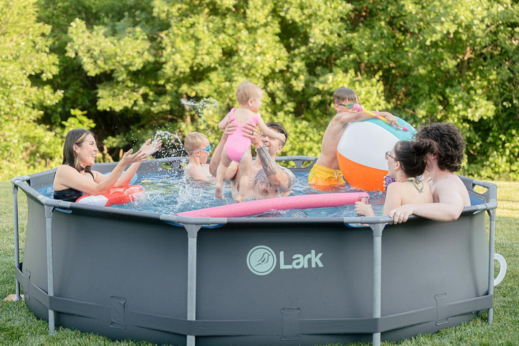 Lark 14 x 33 Graphite Pool with Pool Filter Balls - Rustproof Fiberglass, Snap-in Design, 530-Gallon Filtration Pump, Filterball Technology, Puncture-Resistant 3-Ply PVC