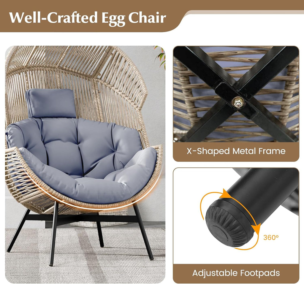 Tangkula Oversized Egg Style Chair, Wicker Stationary Patio Egg Chair w/Cushions & Headrest, Heavy-Duty Metal Frame, Patio Lounge Basket Sofa Chair for Yard, Porch, Living Room