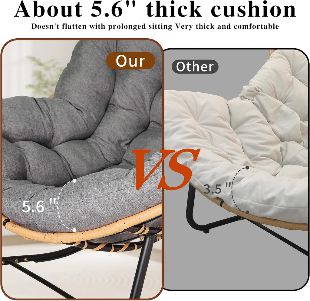 Outdoor Rocking Chair, Patio Egg Rocking Chair, Indoor Papasan Chair, Rattan Wicker Lounge Chair, Modern Royal Chair for Bedroom, Living Room, Porch, Garden,Lawn (41.3' Grey)
