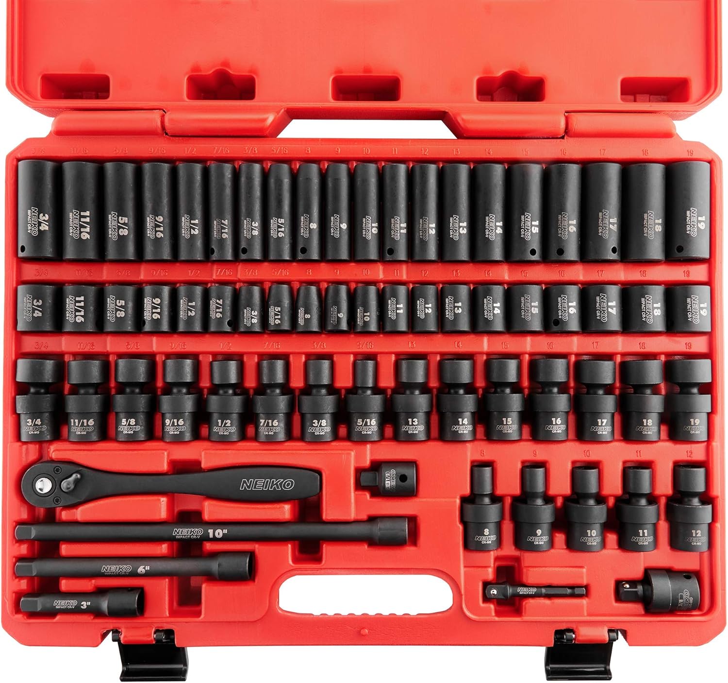 NEIKO 02471A Impact Socket Set, 3/8' Drive, 67 Piece, Metric and Standard Master Socket Set with Shallow & Deep Sockets, Ratchet, Swivel Sockets, Extension Bars, Adapters, Cr-V & Cr-Mo