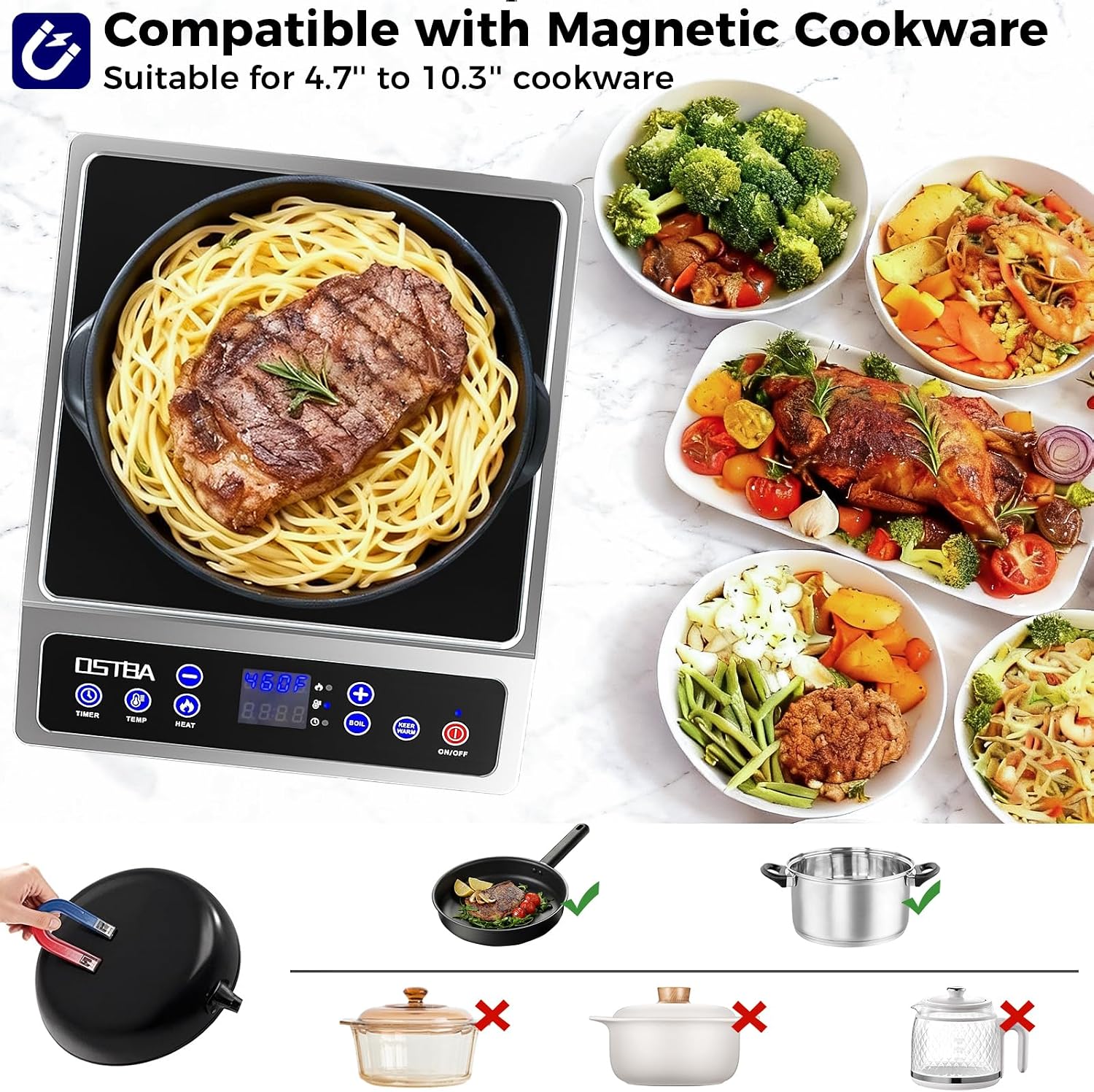 OSTBA 1800W Commercial Induction Cooktop, 7' Heating Coil Countertop Induction Burner, 10 Power Levels & 120–460°F Temperature Control, 3H Timer, Keep Warm, ETL Certified
