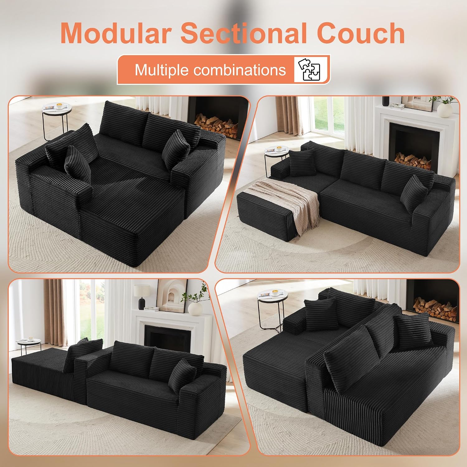 96' Sectional Couches for Living Room Cloud Couch Sofa with L-Shape Upholstered Boneless Couchs Modern Modular Sectional Couch with Chaise (Black, 105' W+Right)