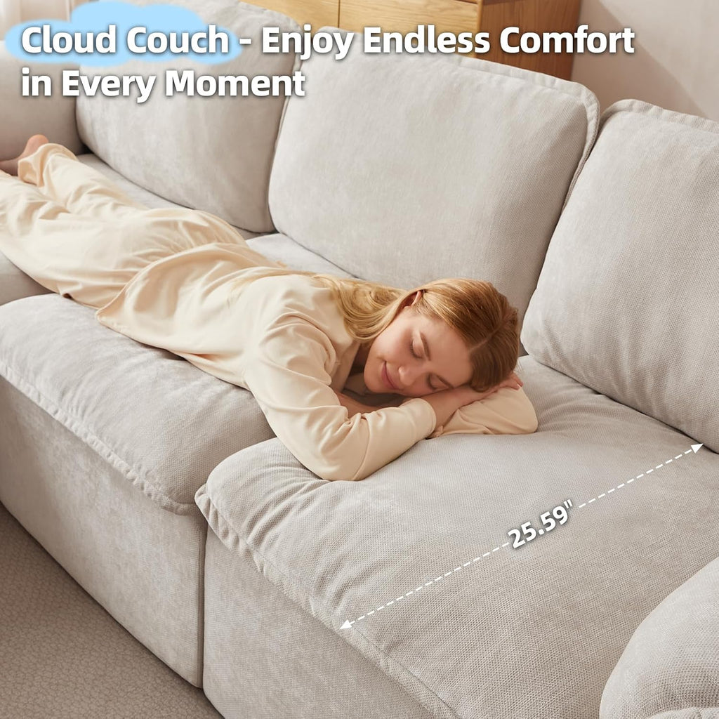 HALLYBEE 112' Cloud Couch Sectional with Padded Armrests & Moveable Ottoman Boneless Sectional Couches for Living Room White Couch, No Assembly Required