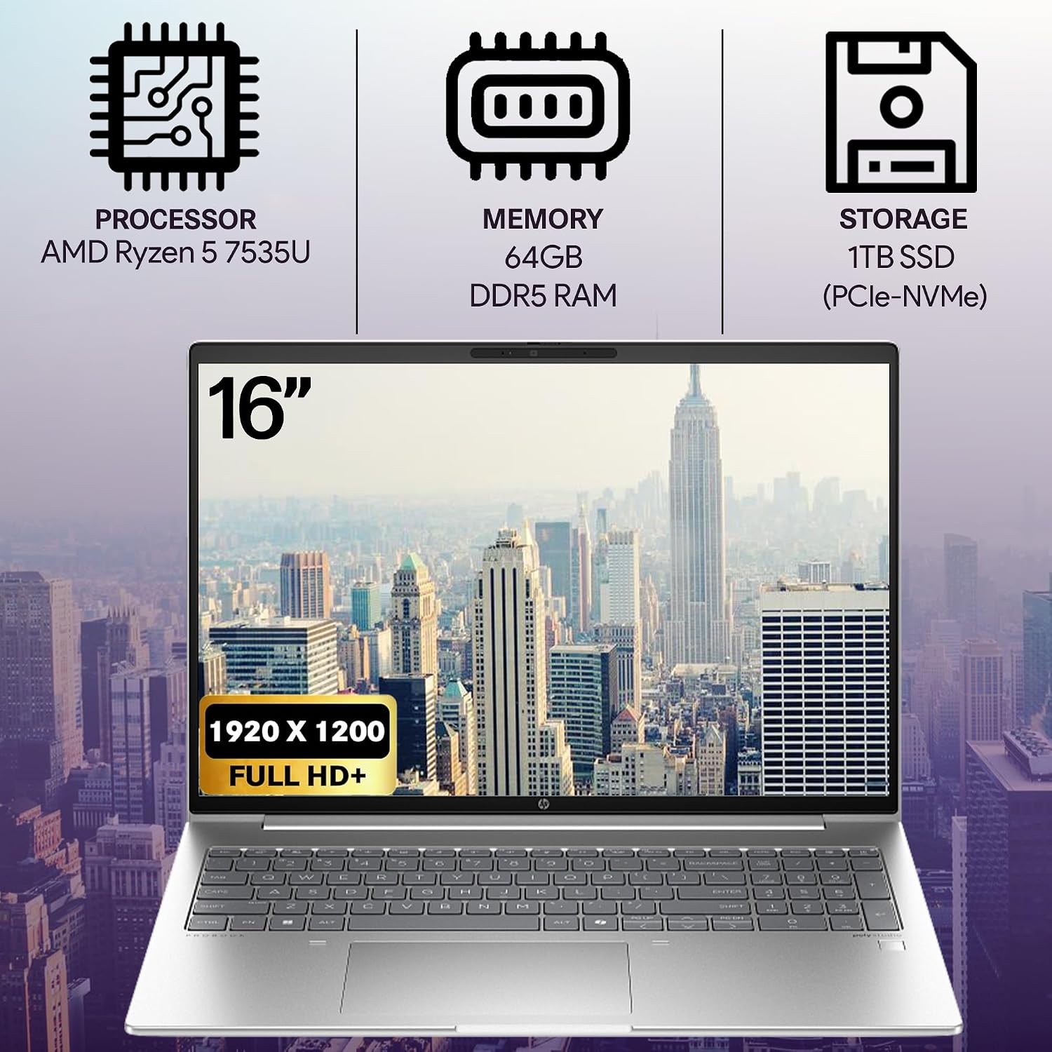 HP ProBook 465 460 G11 Business Laptop 16' FHD+ Display, AMD Ryzen 5 7535U, 64GB DDR5 RAM, 1TB NVMe, Wi-Fi 6E, RJ-45, Webcam, Backlit Keyboard, Win 11 Pro - Pike Silver Plastic