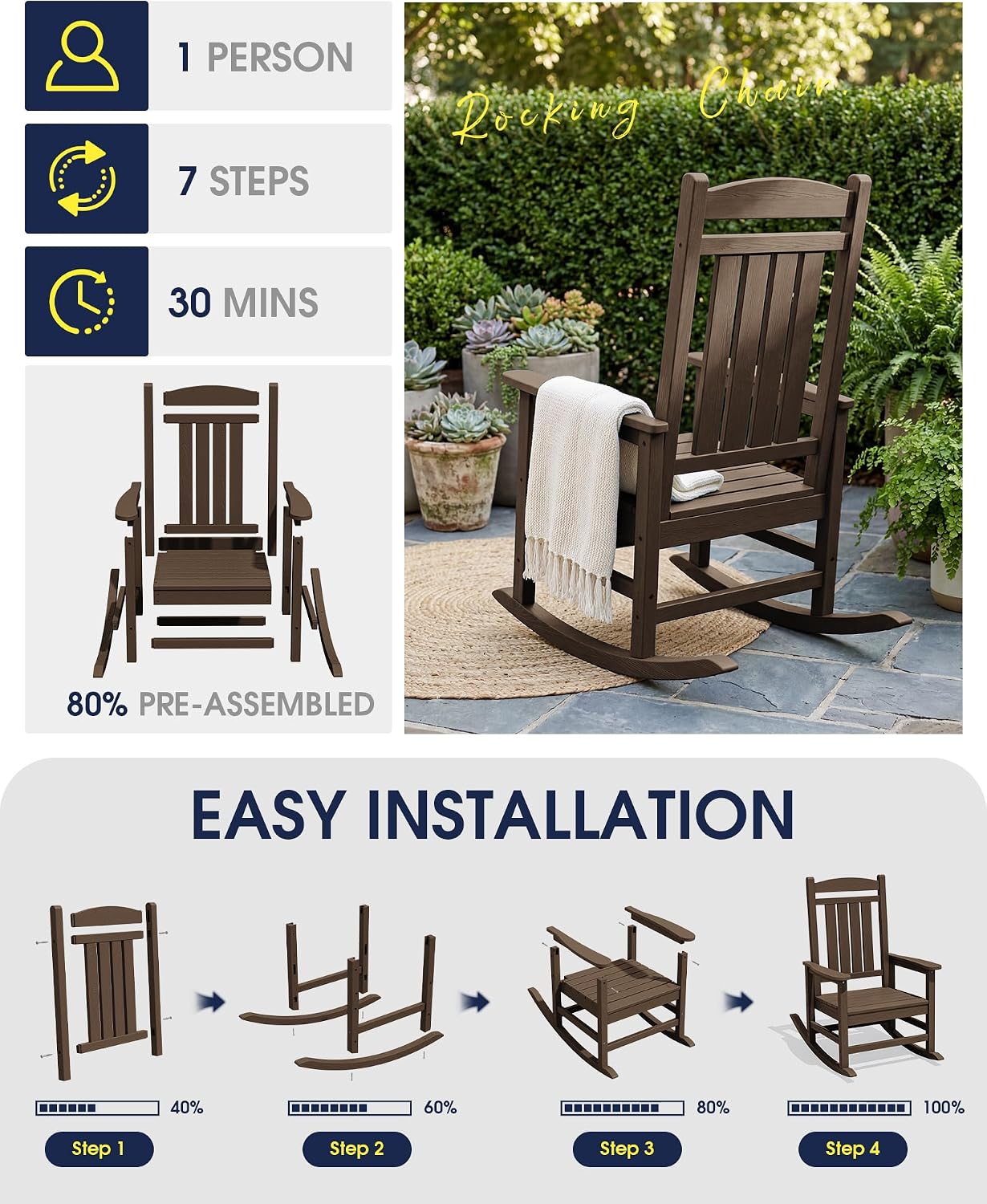 KINGYES Oversized HDPE Rocking Chairs Outdoor, Patio Rocking Chairs with 330lbs Support, Smooth Porch Rocker for Deck Lawn Yard, Coffee Brown